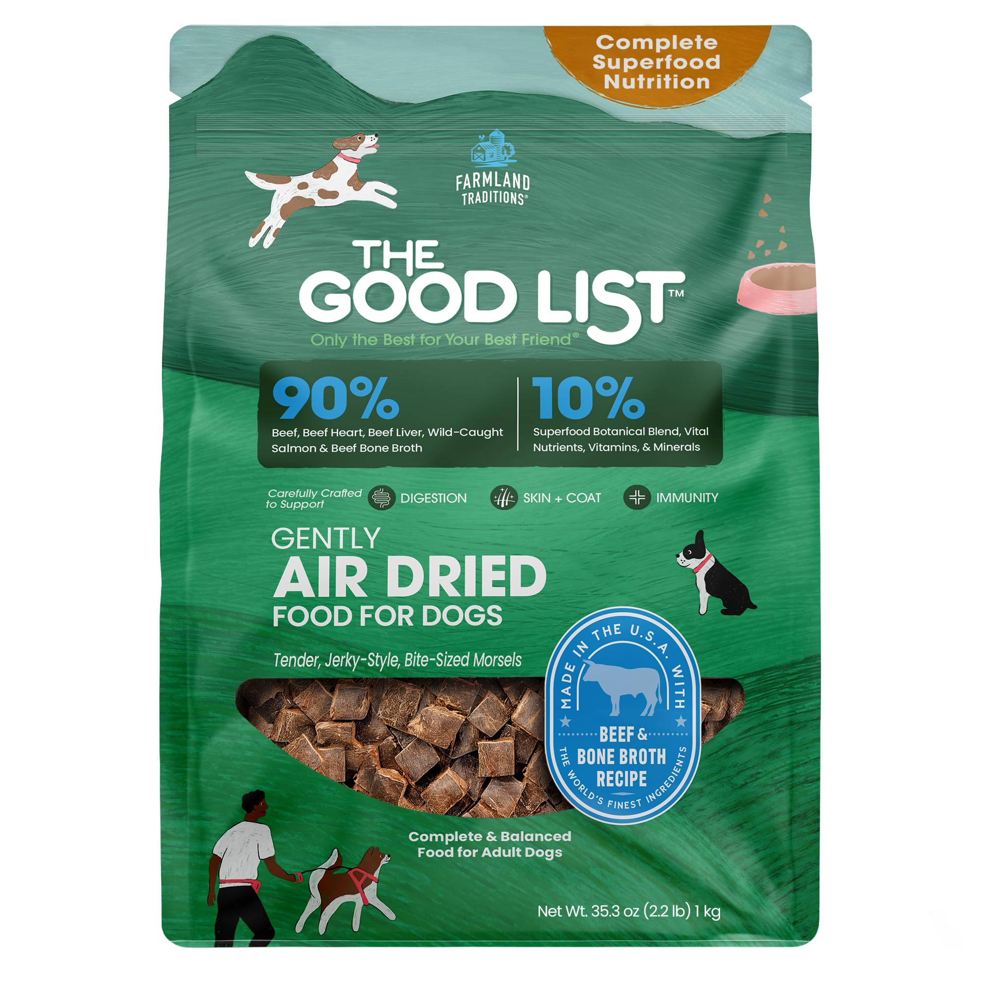 Farmland Traditions The Good List Air-Dried Dog Food, Premium Beef & Bone Broth for Dogs, Protein Rich & Grain-Free Nutrition, 2.2 Pound Bag