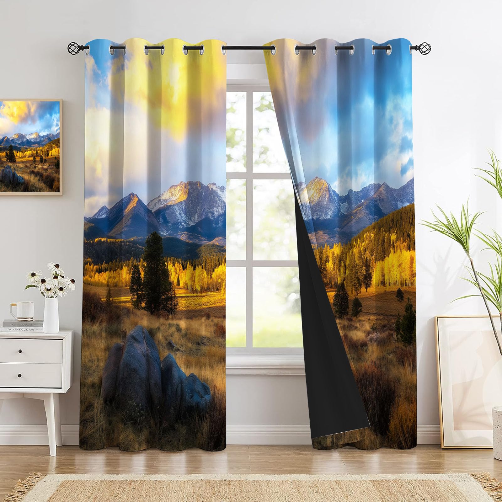 Rideau Occultant Isolant Thermique, Anti Froid Rideaux Opaque pour Chambre Coucher Salon Paysage Décor Chambre, Motif Vallée Champ, 140L X 225H cm, 2 Panneaux, Or Bleu