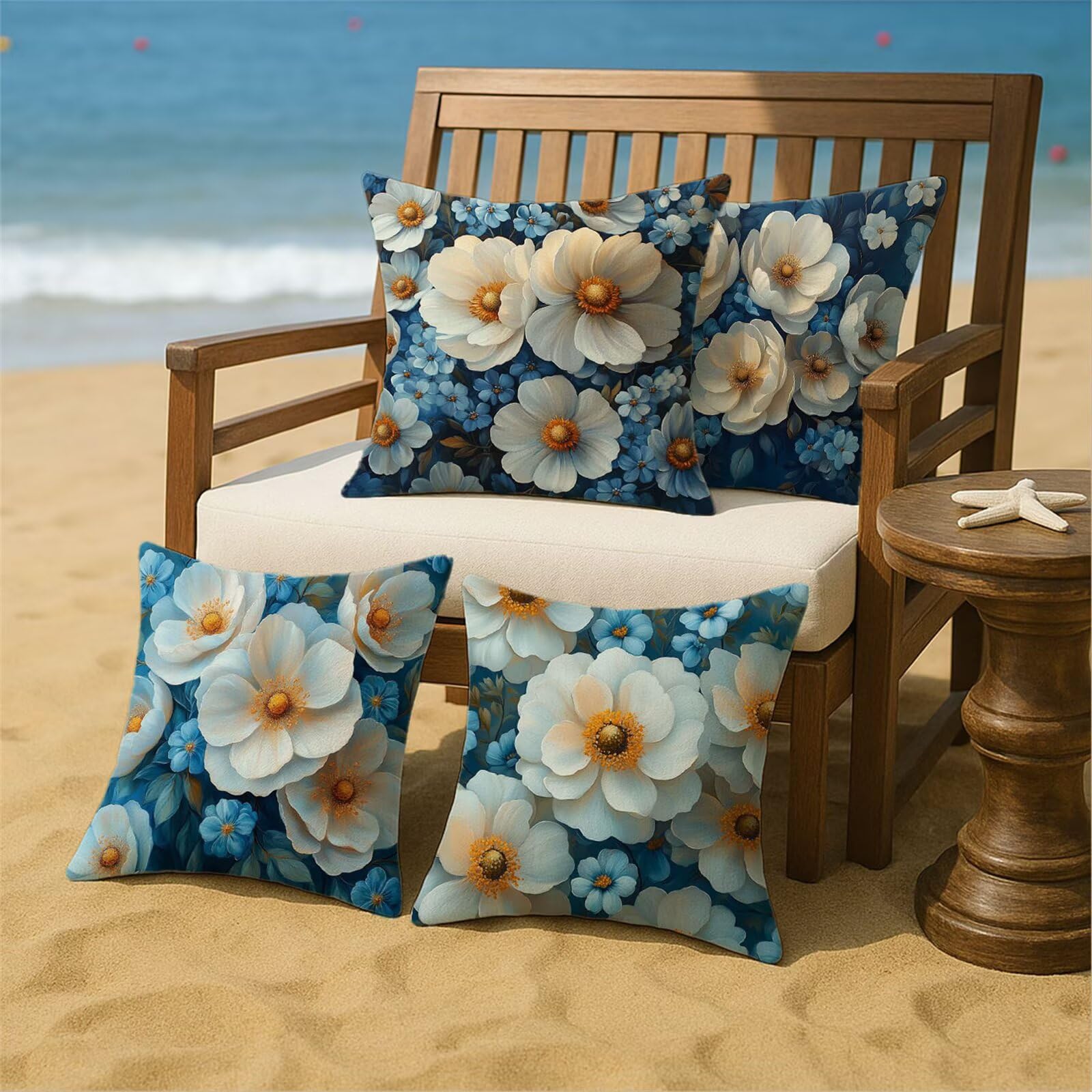 Cojines impermeables de terciopelo azul para exteriores, 50 x 50 cm, paquete de 4 fundas de almohada decorativas para muebles de jardín, sofá y banco, diseño floral listo para regalar