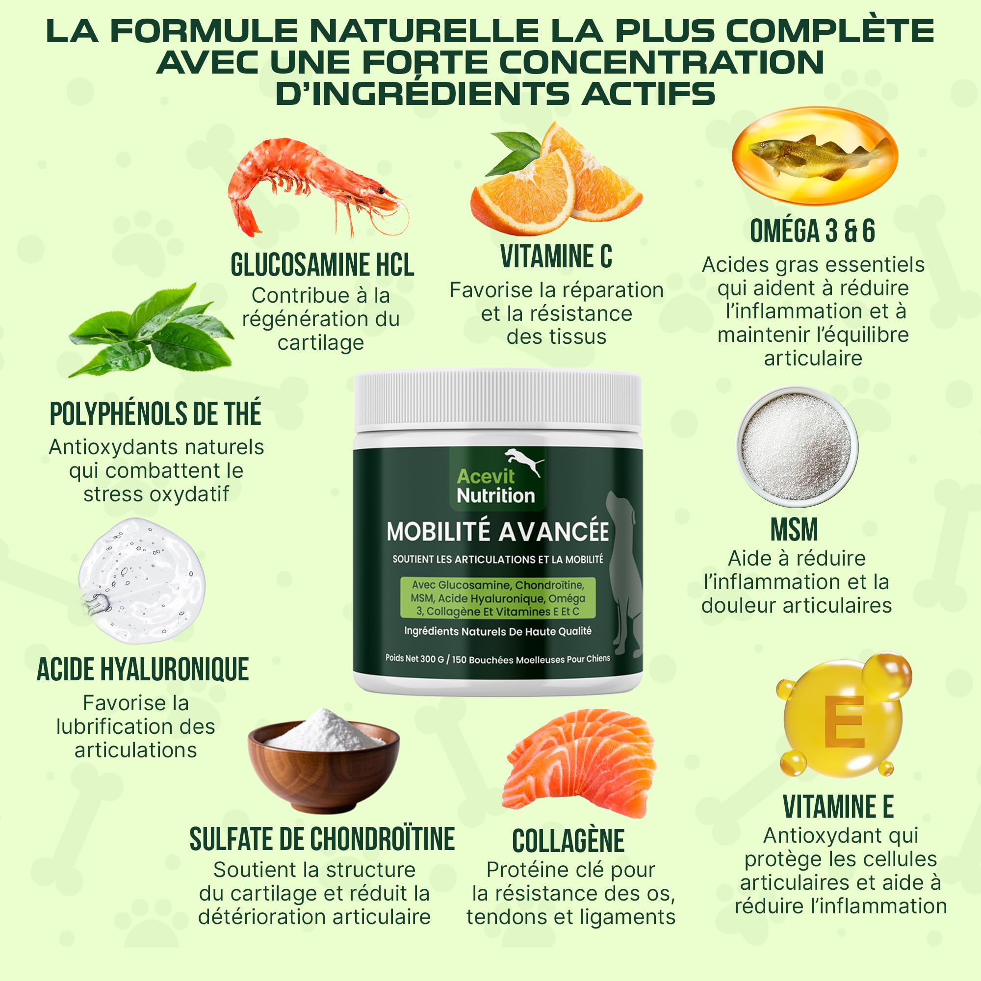 Arthrose Chien, 150 Bouchées 100% Naturelles Articulations, Glucosamine, Chondroïtine, MSM, Collagène, Acide Hyaluronique, Anti-Douleur & Anti-Inflammatoire, Formule Vétérinaire Haute Efficacité