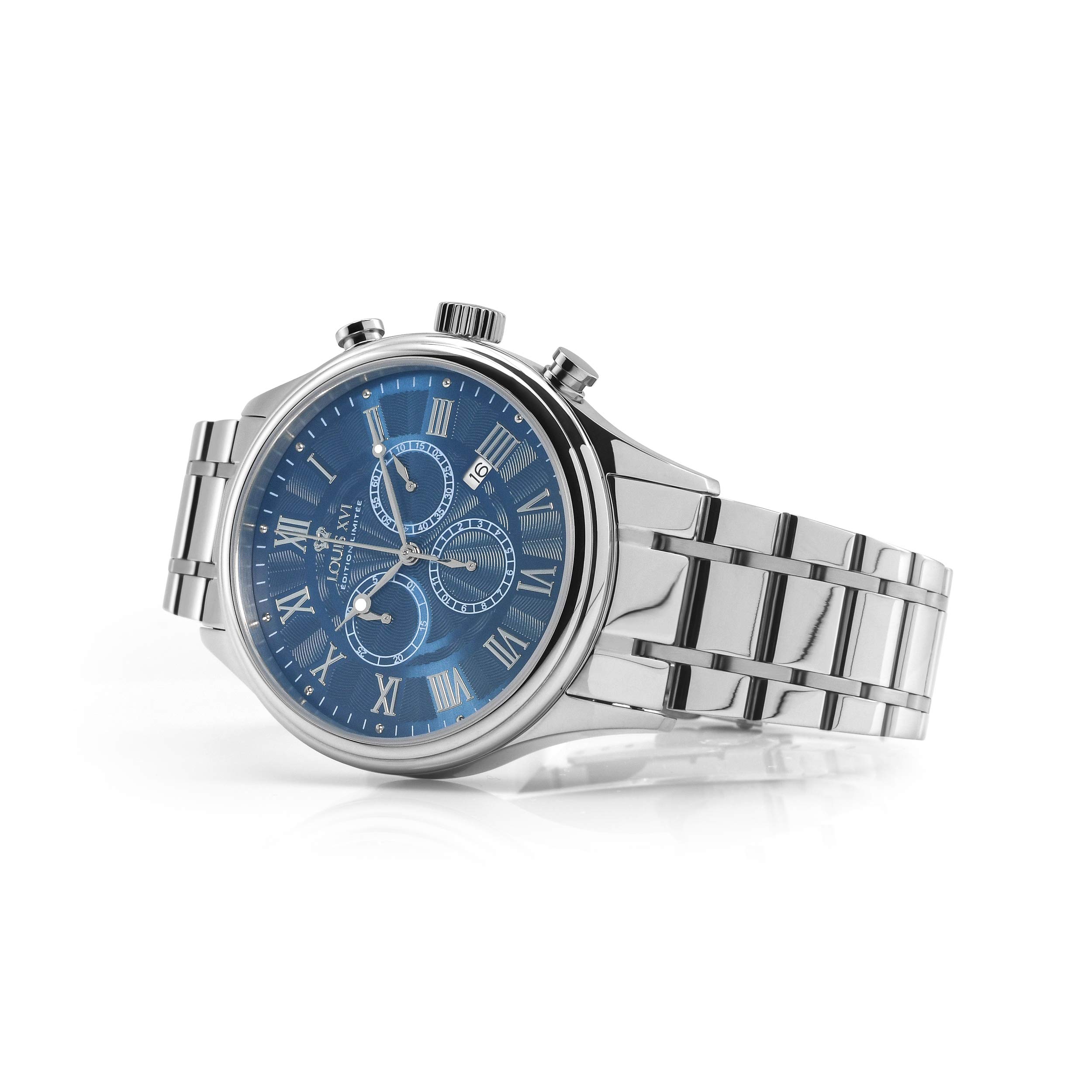 LOUIS XVI Herren-Armbanduhr Danton Silber Blau Stahlband Römische Zahlen Chronograph Analog Quarz Edelstahl 977