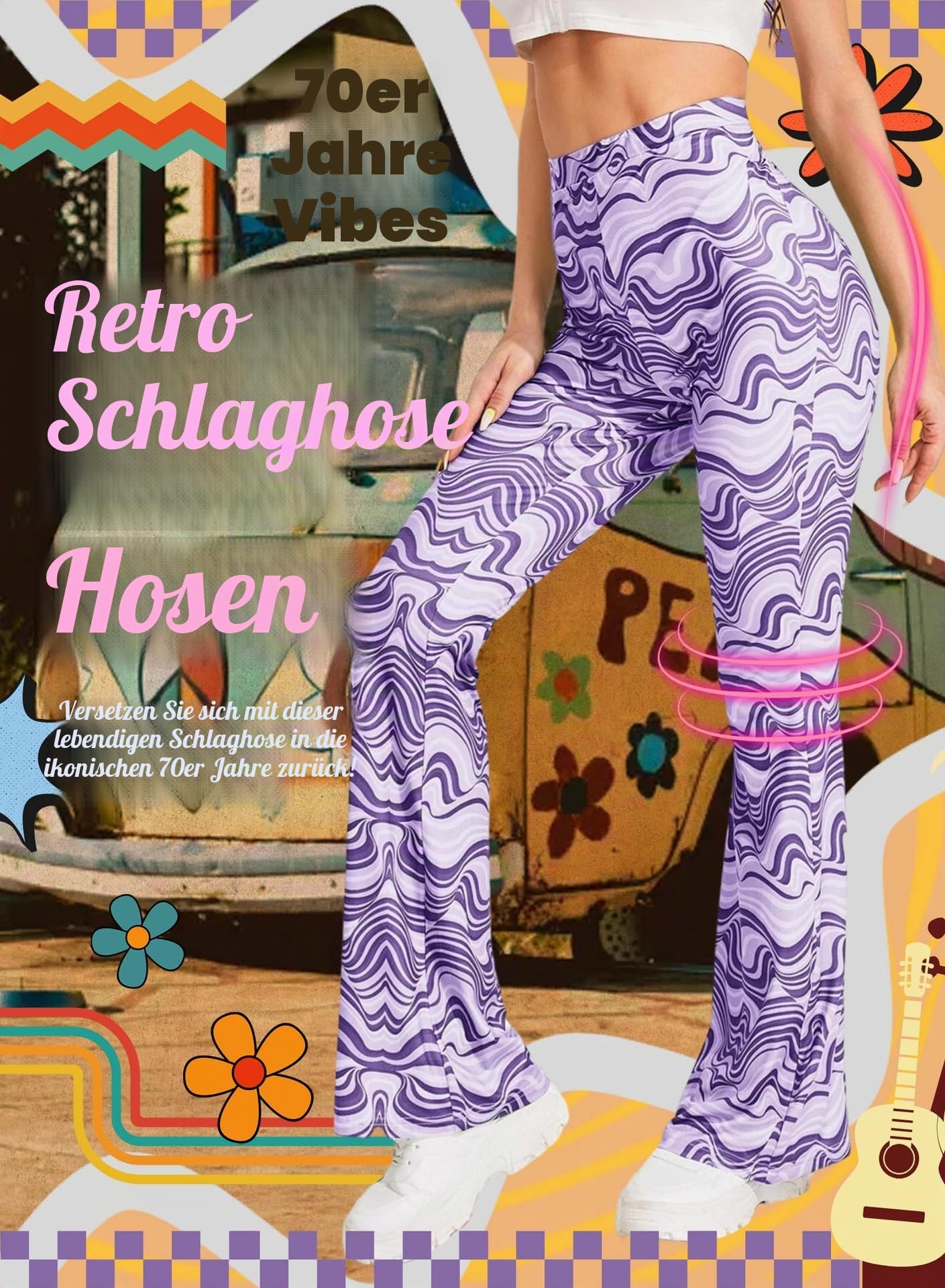 EVELUST Festival Flare Hosen Für Damen - 70er Jahre Outfit Hippie Kleidung Flower High Waist Breite Bein Flair Leggings Rave Disco Kostüm Palazzo Schlaghose Sommer Bell Bottom