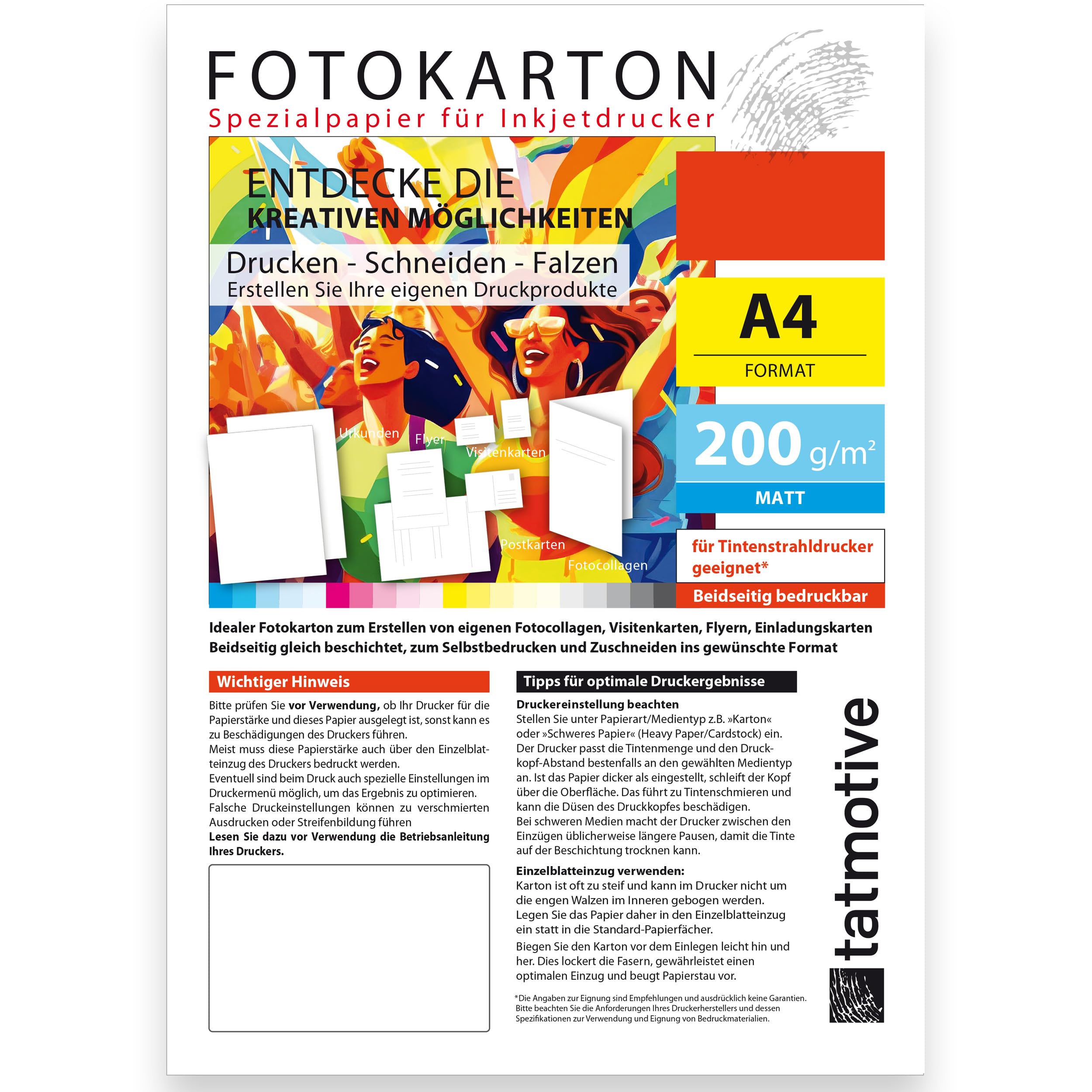 TATMOTIVE Fotopapier Fotokarton A4 200g matt Inkjet 500 Blatt | Beidseitig bedruckbar, hohe Opazität, perfekte Planlage, ideal für Einladungen und Postkarten, von Hand beschreibbar