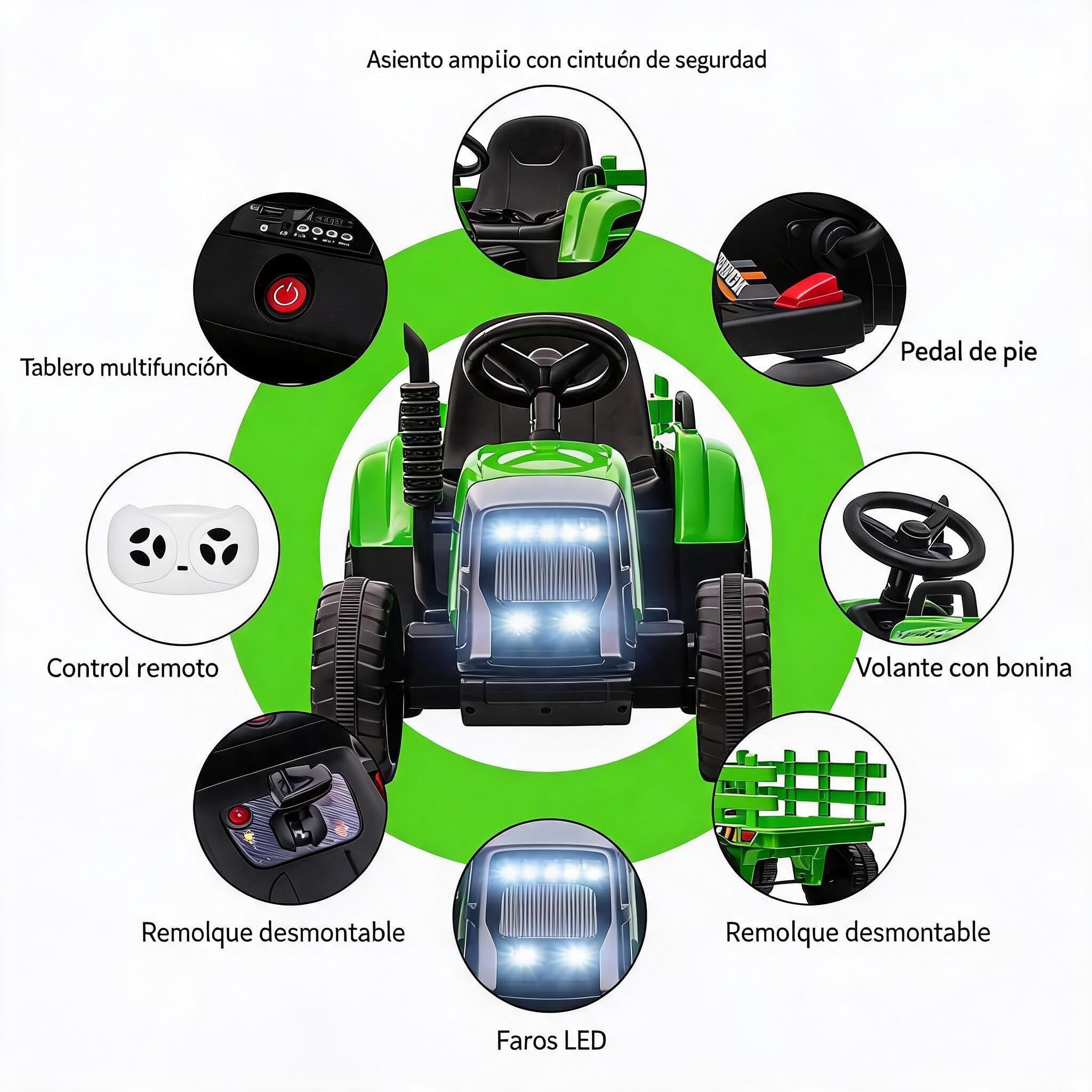 Garvee Tractor Electrico para Niños con Mando 2.4g, Remolque Desmontable,3 Velocidades Ajustable, LED, Música, Pedales, Inalámbrico,USB, Vehículo De Batería para Niños De 3 a 6 Años, Verde