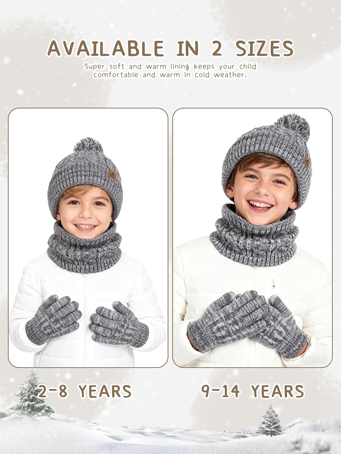 Kids Winter Hat Gloves Scarf Set Toddler Winter Beanie with Pom Knit Neck Warmer Fleece Lined Gloves for Boys Girls - Image 7