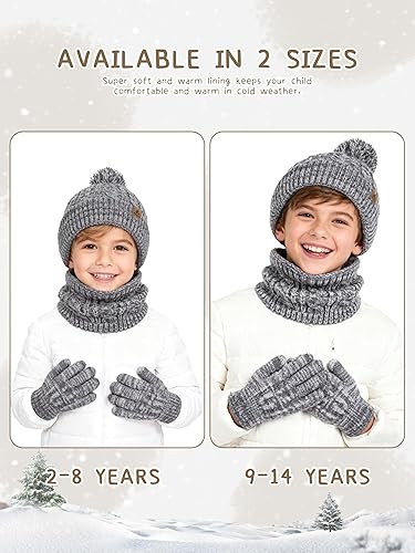 Miniatura 7 de Wenouy Conjunto de gorro de invierno para niños, guantes y bufanda, gorro de invierno con pompón de punto, calentador de cuello, guantes con forro