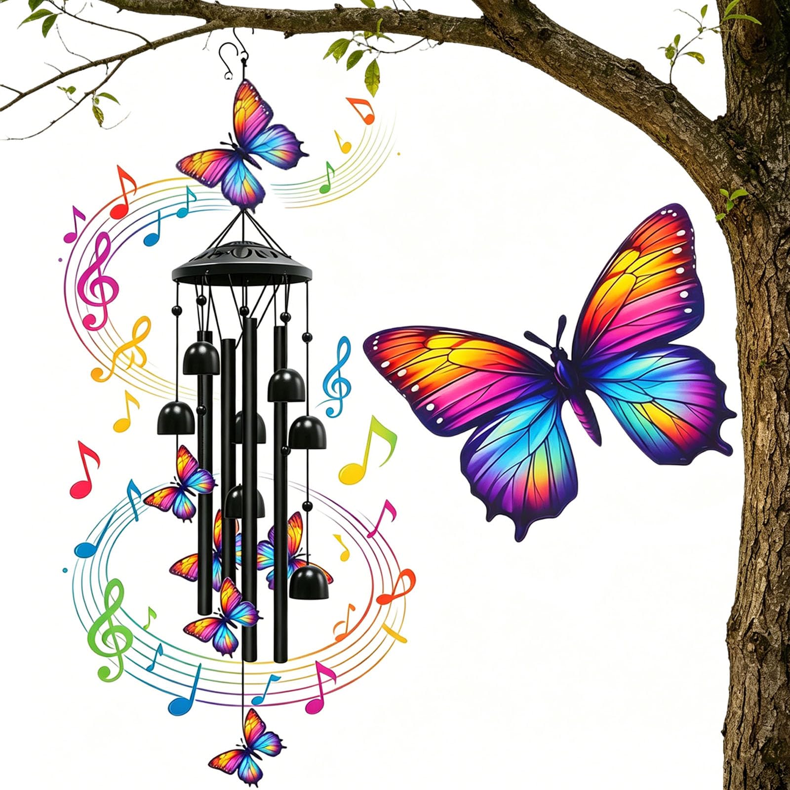 Vintage Colorful Hummingbird Wind Chime With Metal Tubes And Bells, Graceful Hummingbird Wind Chimes, Garden Patio Yard Porch Hanging Decor Gifts For Nature Lovers, Gardeners (Butterfly)