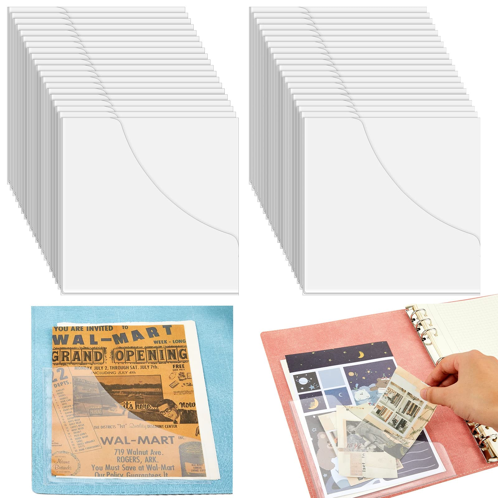 Saintrygo 40 Pcs Adhesive Clear Corner Pockets 6 x 6 Inch Clear Peel and Stick Corner Pockets Adds Extra Storage Space to Folders, Notebooks, Journals