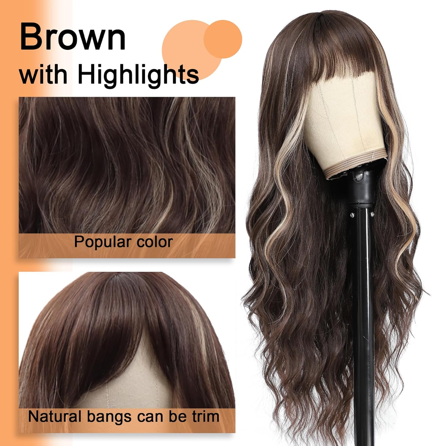 Vomella Brown Wig With Bangs 26 Inch Long Curly Wavy Wigs with Highlights Natural Curly Wig for Women Synthetic Wigs for Daily Party Use - Image 5