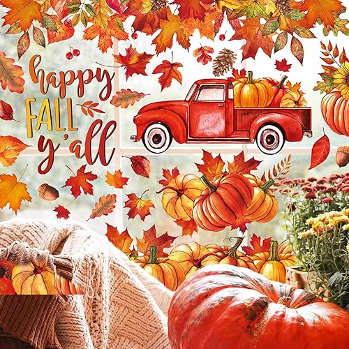 Miniatura 4 de AnyDesign 6 hojas grandes de Acción de Gracias Happy Fall Y'All para ventana, otoño, calabaza, hojas de arce, cosecha de otoño, calcomanías de PVC