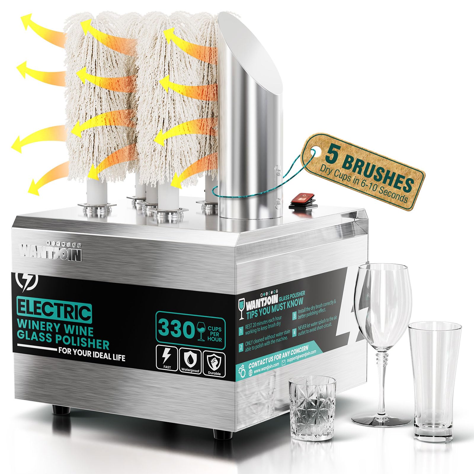 WantJoin Wine Glass Polisher Machine - 5 Brushes 330 Cups/Hour Commercial Electric Automatic Dryer with 304 Stainless Steel, 100% Cotton, 1300W High Power, 136°F Air Drying for Bar Restaurant Kitchen