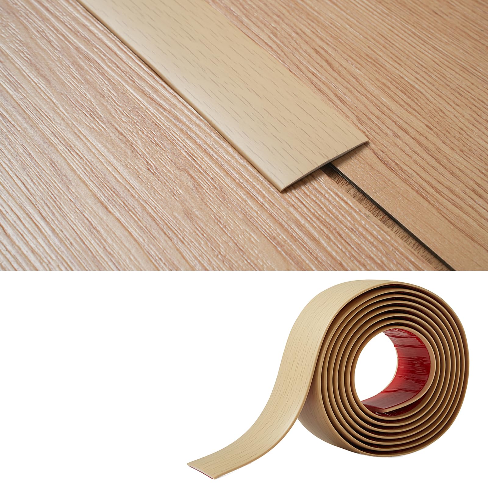 PVC Floor Transition Strip(5cm Wide × 2mm Thick) Laminate Floor Cover Strips Self Adhesive Door Bar Divider Strip Flat Flooring Edge Joining Trim,(1.2M, Beige Wood Grain)