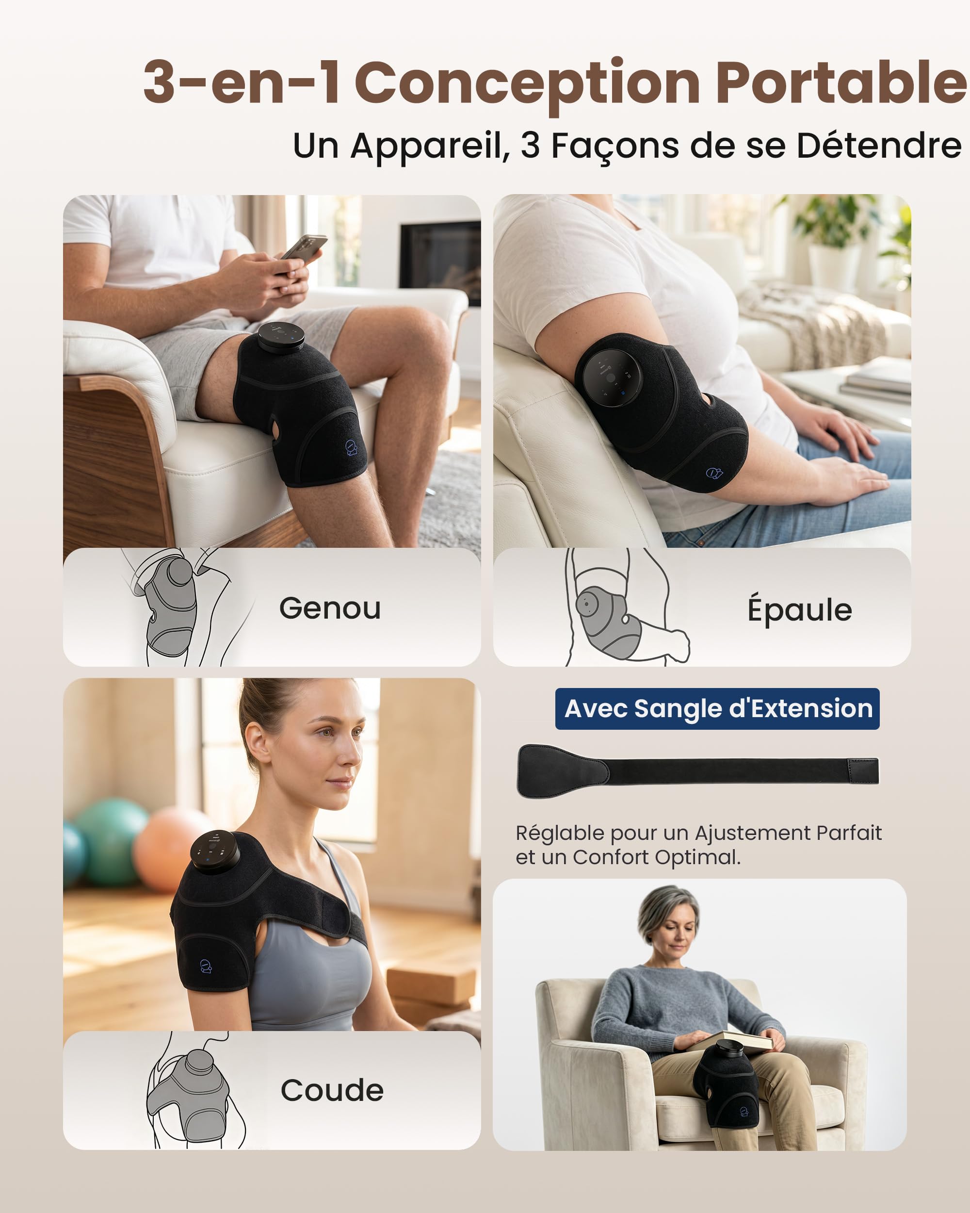 COMFIER Masseur de genou sans fil 3-en-1 avec chauffage au graphène