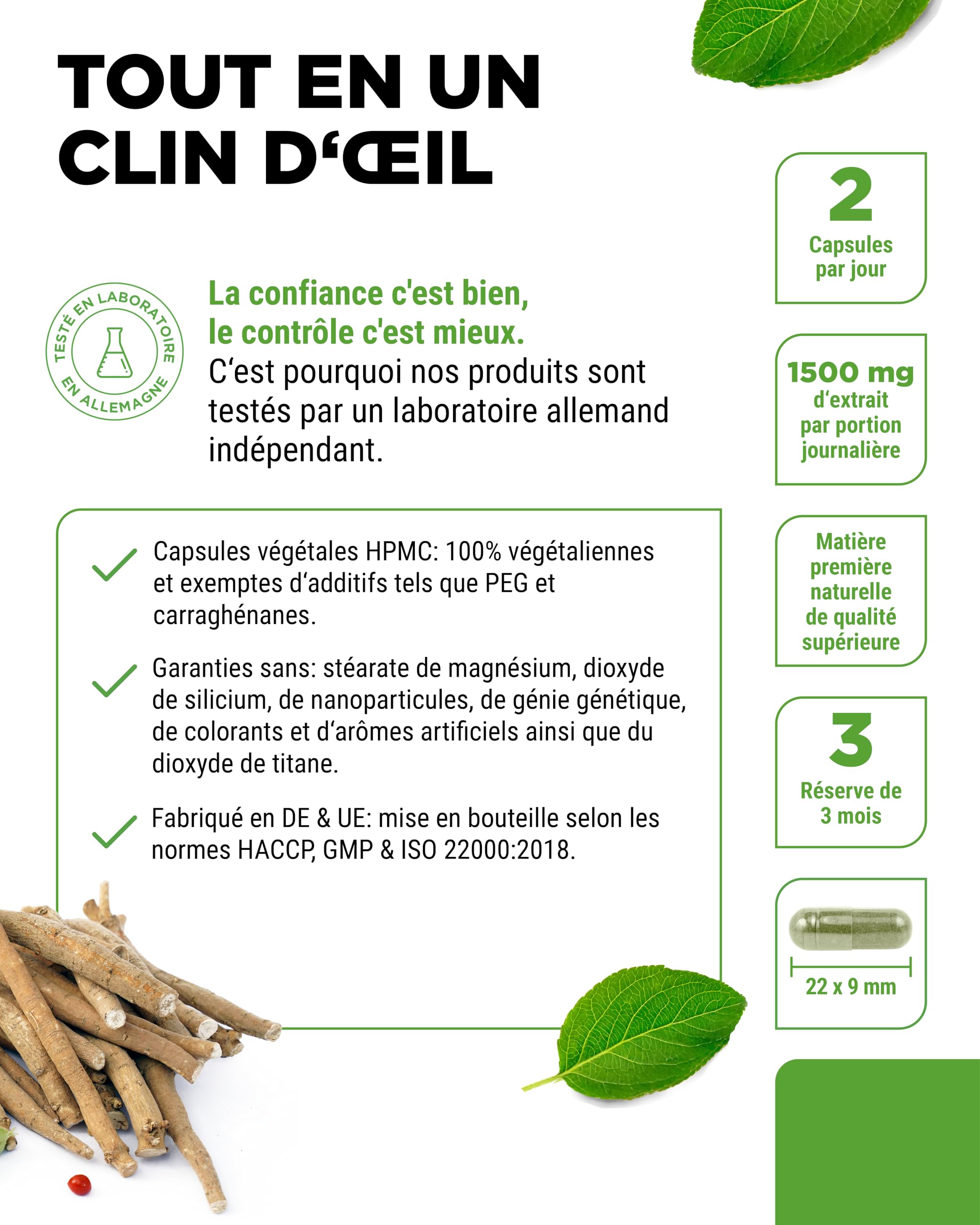 Extrait d’Ashwagandha – 180 Capsules contenant chacune 750 mg d’Extrait pur de Racine et 10% de Withanolides – Haute Pureté – Végan – Hautement Dosé – Qualité Premium