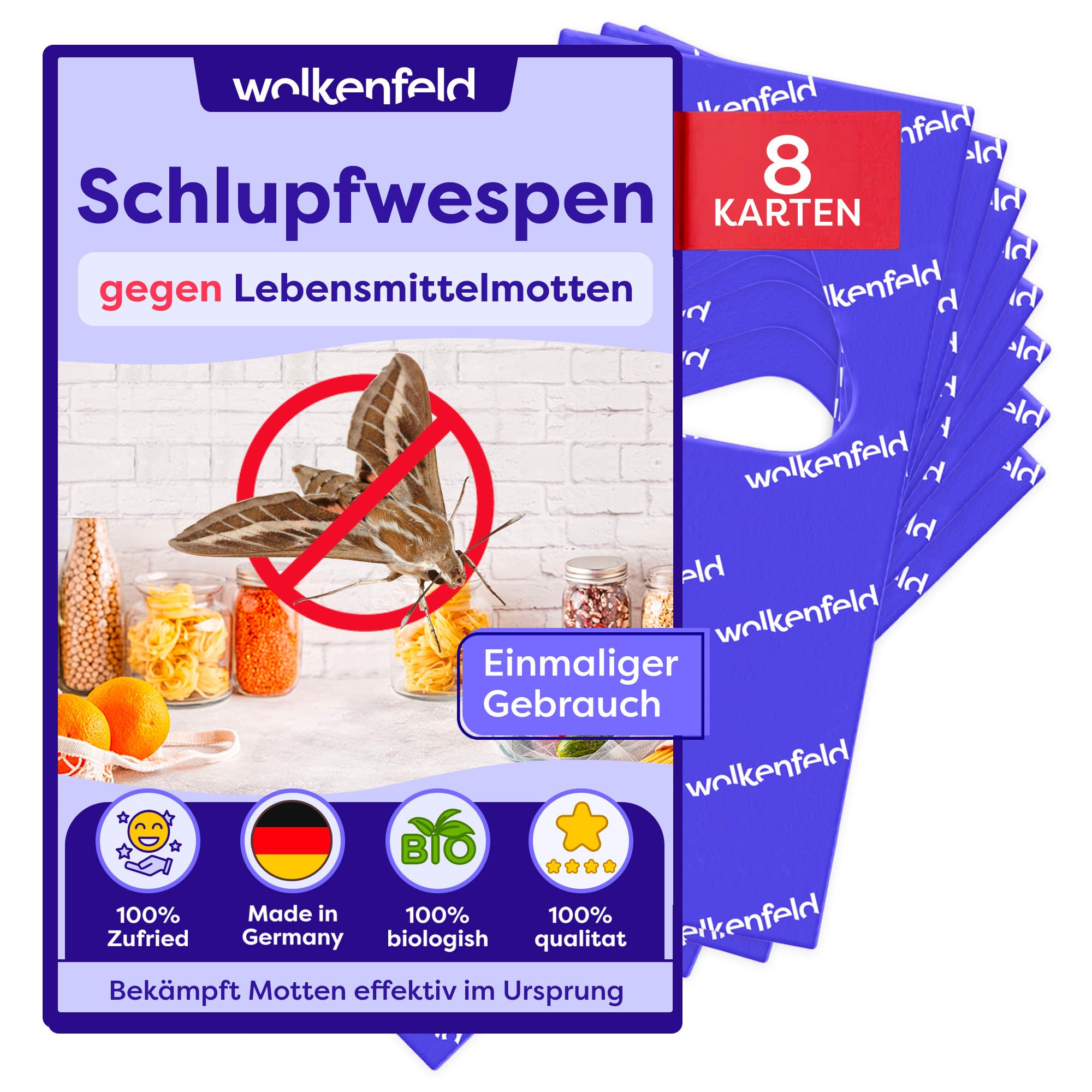 Wolkenfeld Schlupfwespen gegen Lebensmittelmotten – 8 Karten mit 1 Lieferung – Effektive & Chemiefreie Mottenbekämpfung – Natürliche Alternative zu Mottenfallen, Sprays & Pheromonfallen