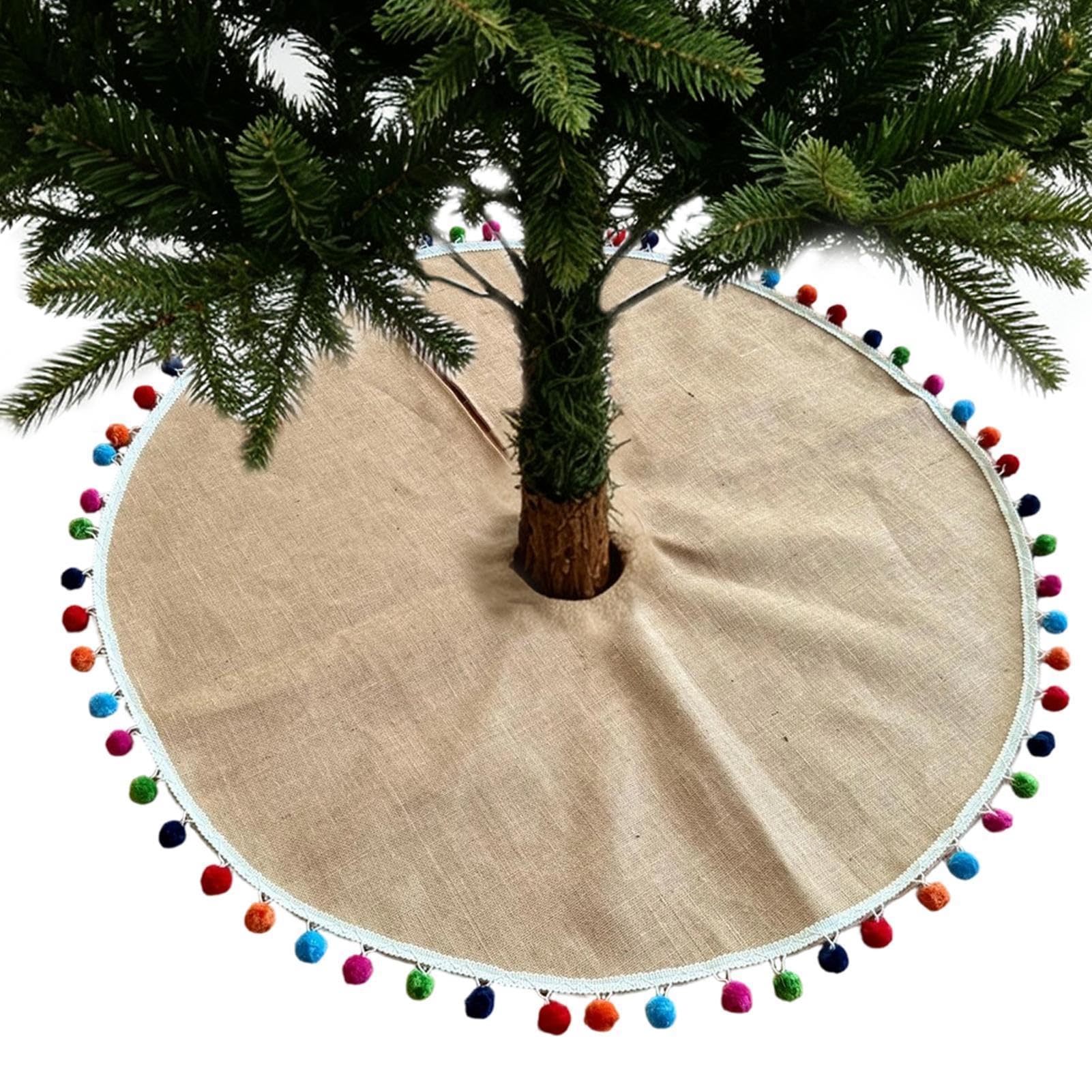 Tapis De Sapin Base Décorative en Jute Naturel Agrémentée de Pompons | Décorations Noël Rustiques Et Fermières Pour Fêtes Halloween Thanksgiving Automne Été Intérieur Extérieur Maison