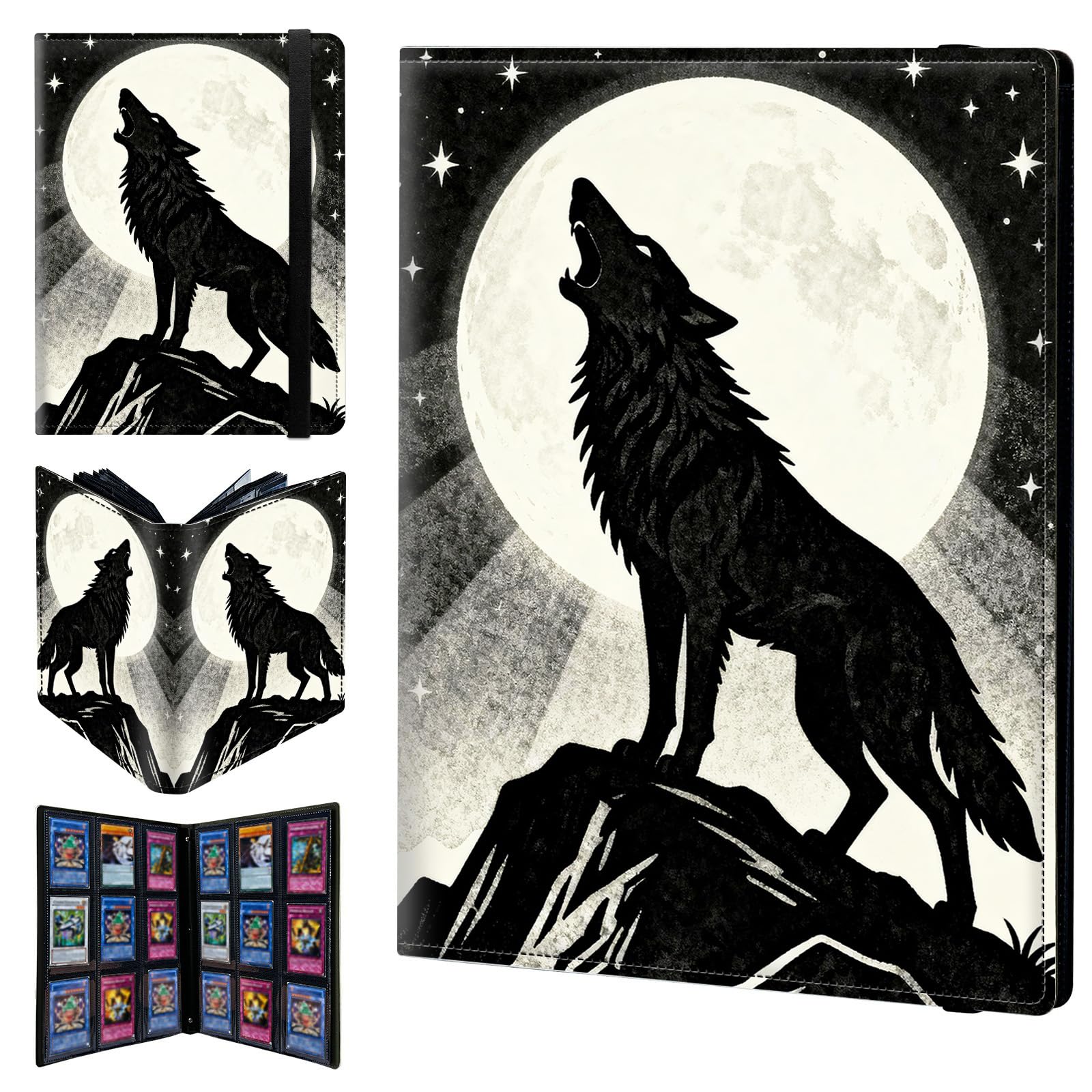 9 Pocket Trading Card Binder 540 Side Loading Pocket Album with Mountain Moon Wolf Pattern Design Card Binder for Sports Cards & Game Cards