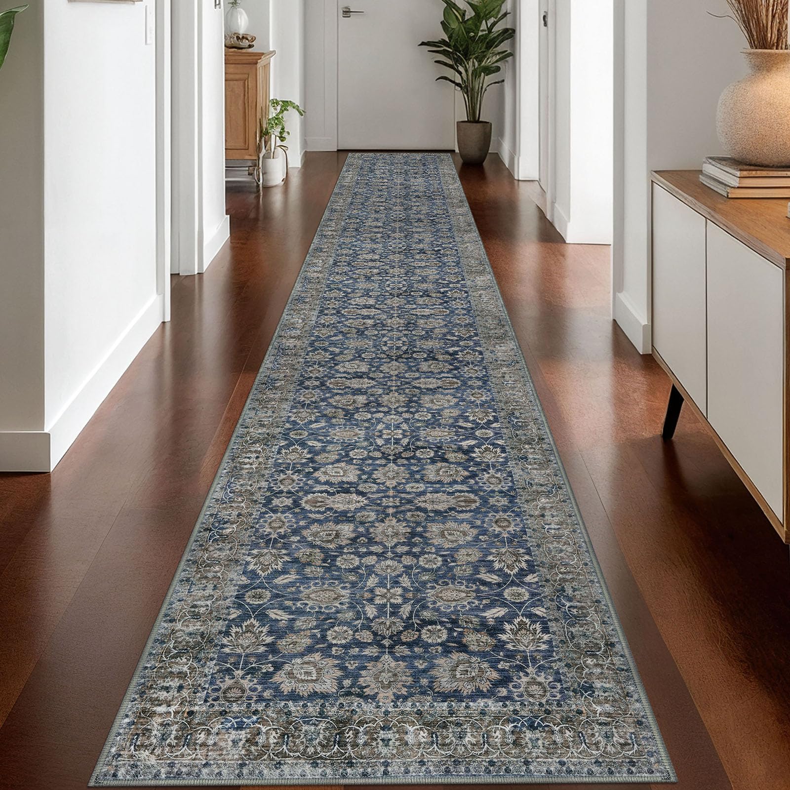 KOZYFLY Vintage Washable Long Runner Rug 2.6x18 Hallway Rug Runner Blue — image 1