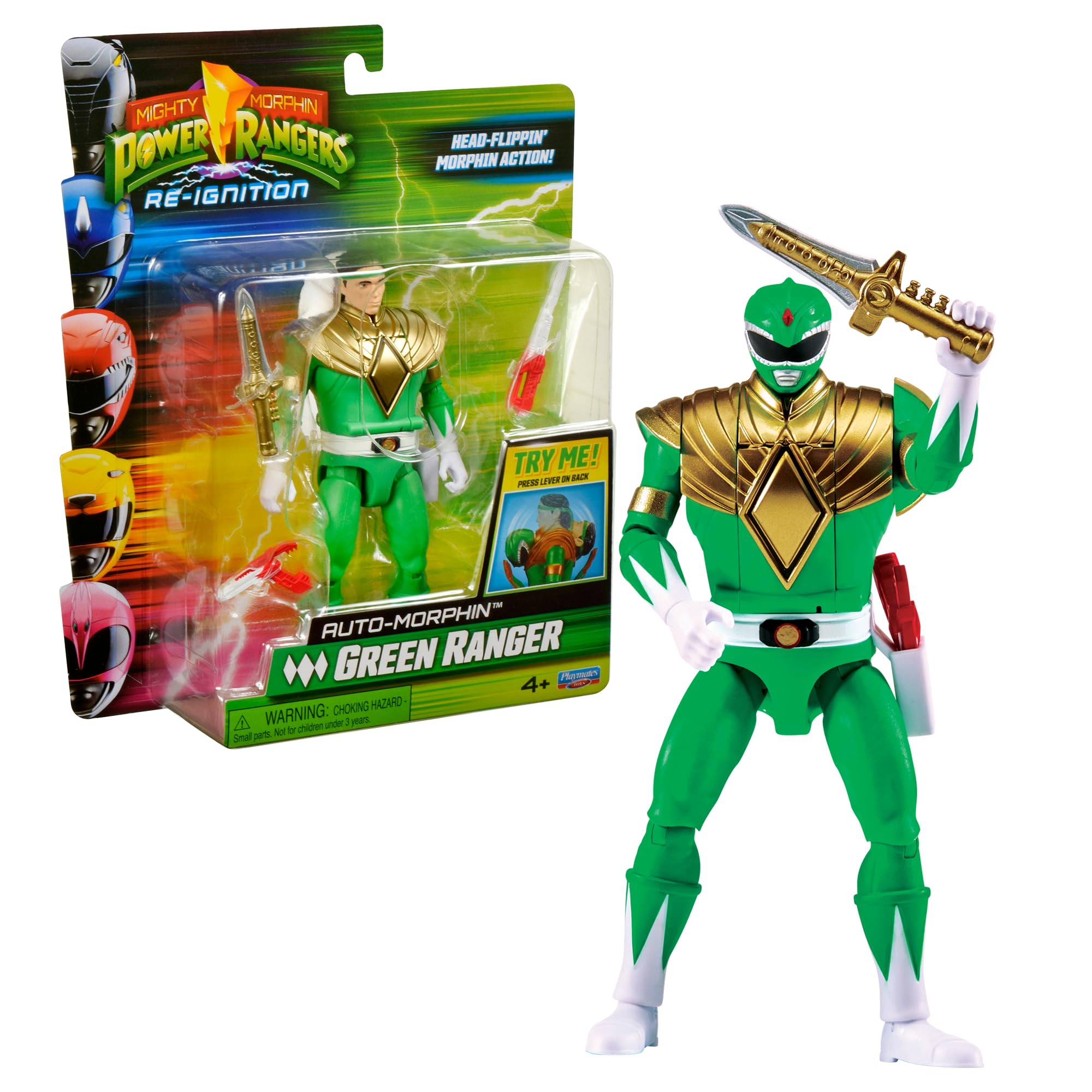 Power Ranger - Auto-Morphin - 2 in 1 Articulated Figure, 15 cm, Green Ranger - Tommy - Age 4 Years - PWG08