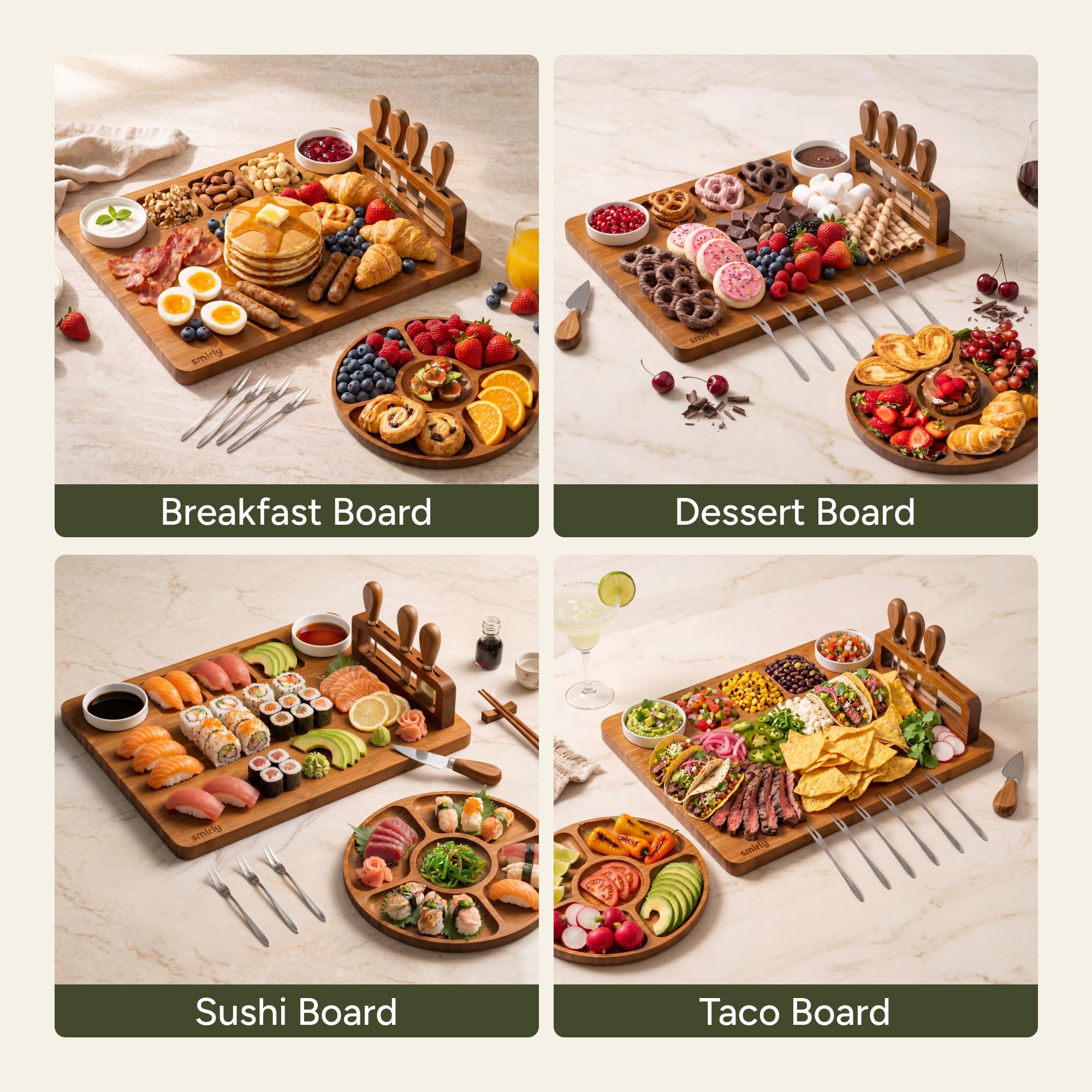 SMIRLY Coffret cadeau de planches à charcuterie : ensemble de planches à charcuterie, plateau à fromage plat en bambou marron V1-blanc – Cadeau de pendaison de crémaillère, cadeau de mariage pour