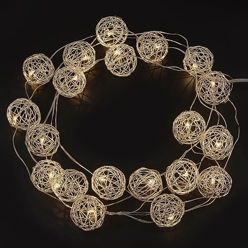 Ashland Cadena de luces LED de bola de alambre blanco cálido de 20 quilates