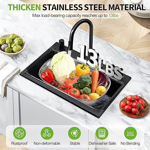 Miniatura 3 de FirstE Colador para colocar sobre el fregadero, 6 cuartos de galón, colador de malla fina de acero inoxidable con asas de goma antideslizantes