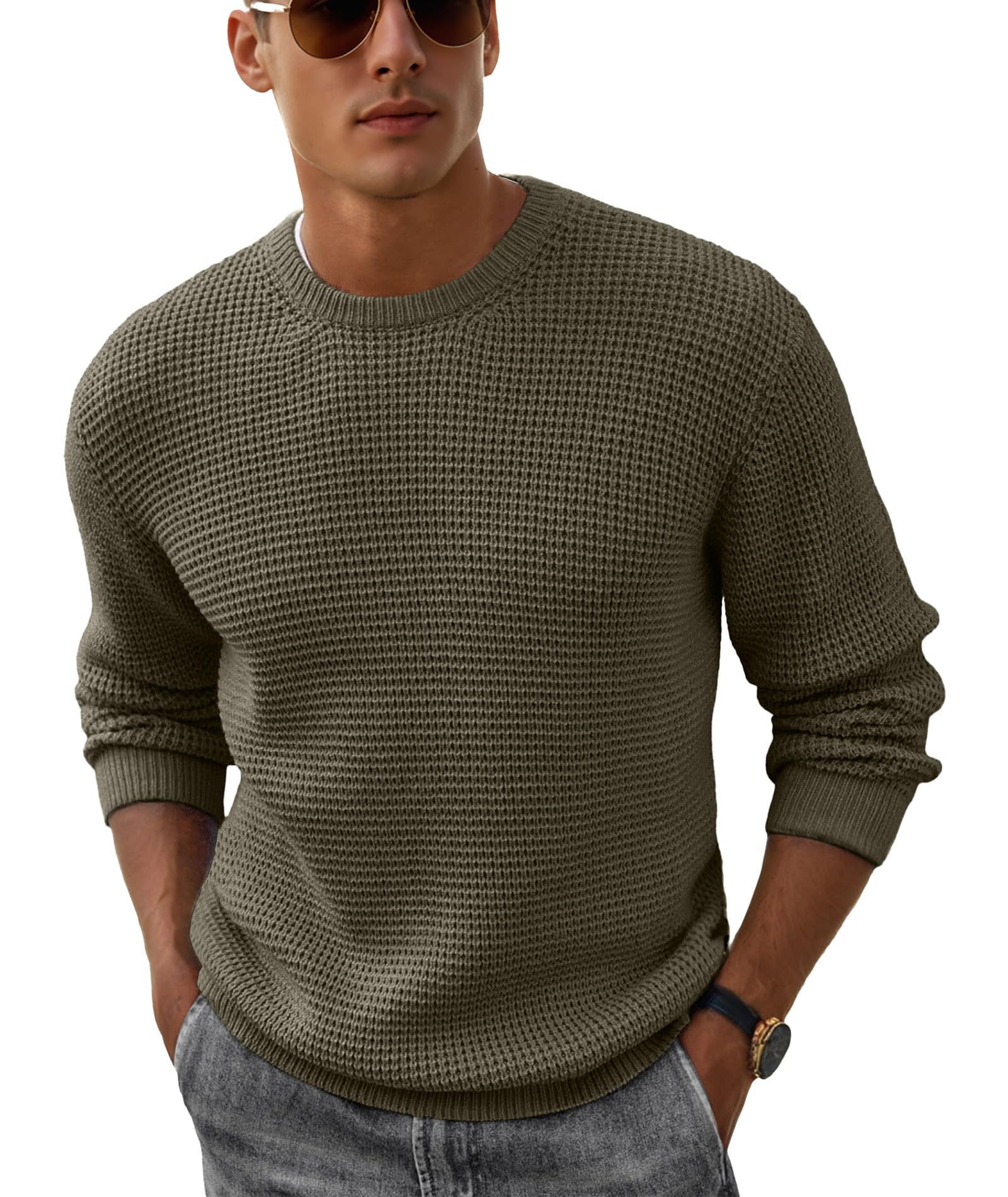 Askdeer Suéter informal de punto de manga larga con cuello redondo y textura gofre para hombre