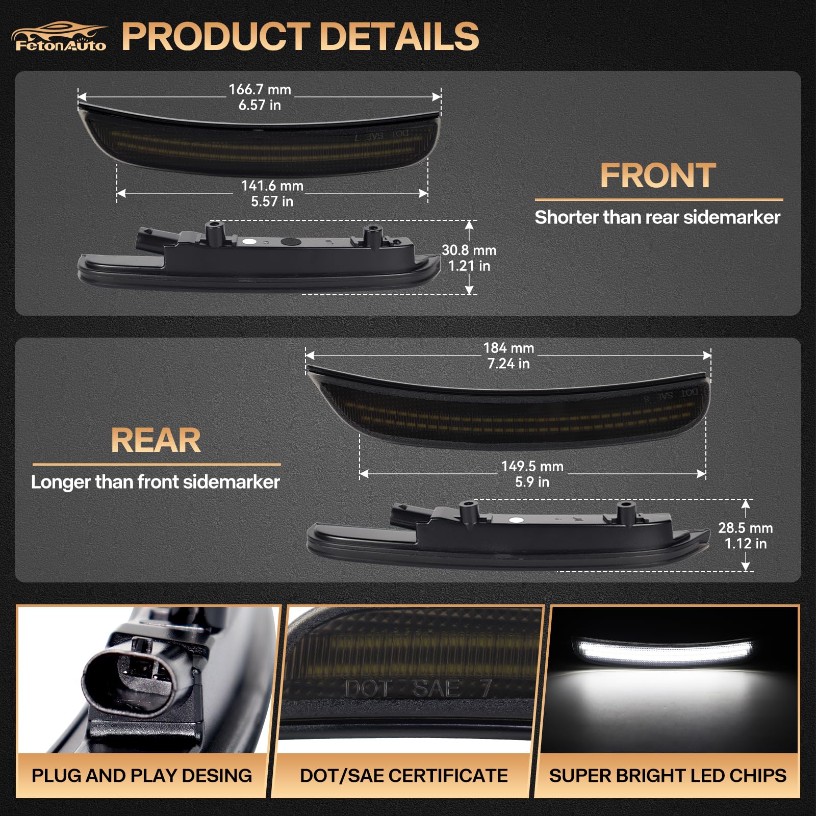 Toptuning Smoked LED Side Marker Lights For 2015-2022 Dodge Charger – Front Bumper Pair