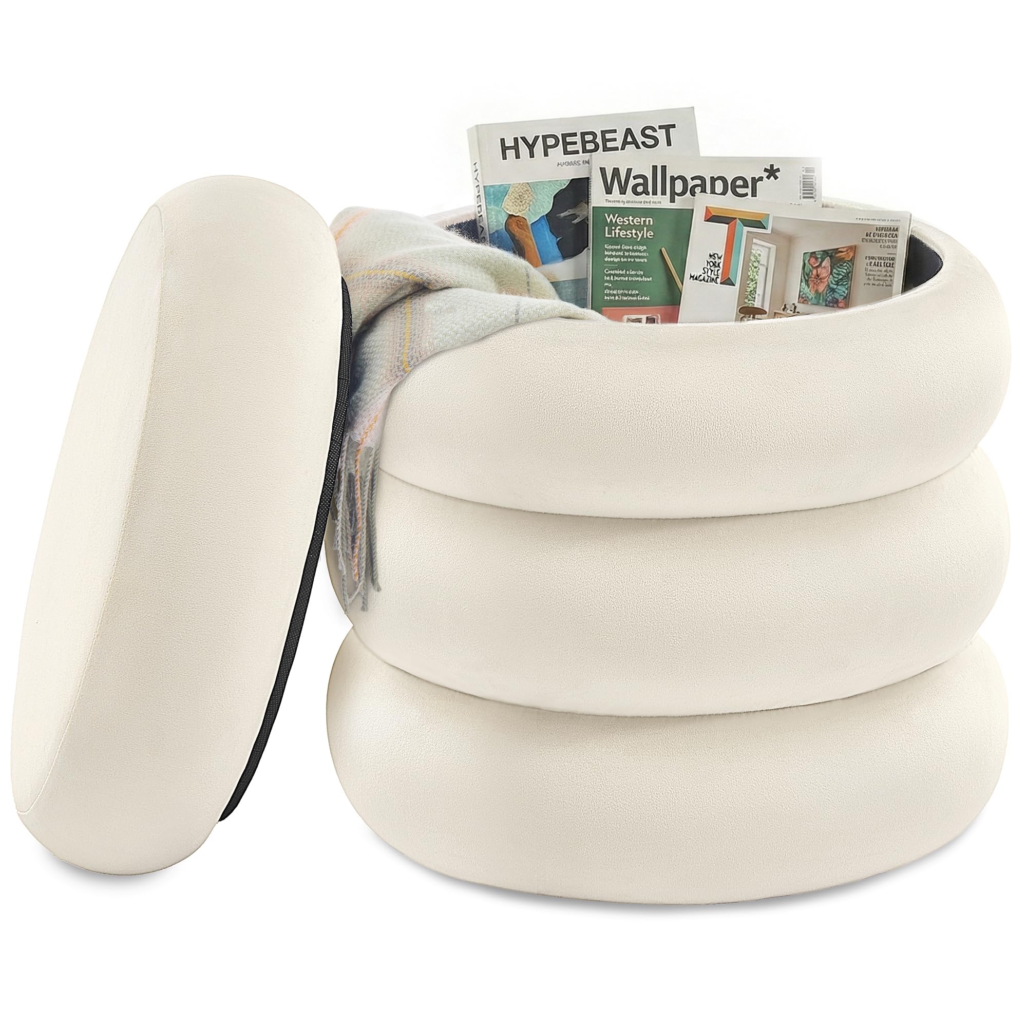 SONGMICS Sgabello Trucco, Pouf Contenitore Rotondo, Poggiapiedi Imbottito, Coperchio Rimovibile, Soggiorno Camera da Letto Ingresso, Facile da Montare, 43 x 47 cm, Velluto, Bianco Crema LOM018LH01