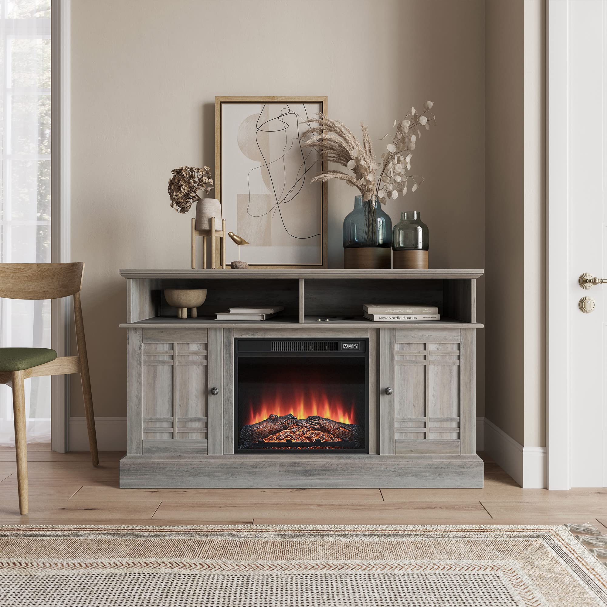 BELLEZE Modern 48 Inch Farmhouse Electric Fireplace TV Stand & Media