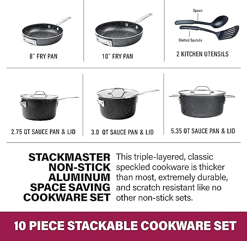 Miniatura 2 de Granitestone Juego de ollas y sartenes apilables antiadherentes, 10 piezas que ahorran espacio, juego completo de utensilios de cocina con
