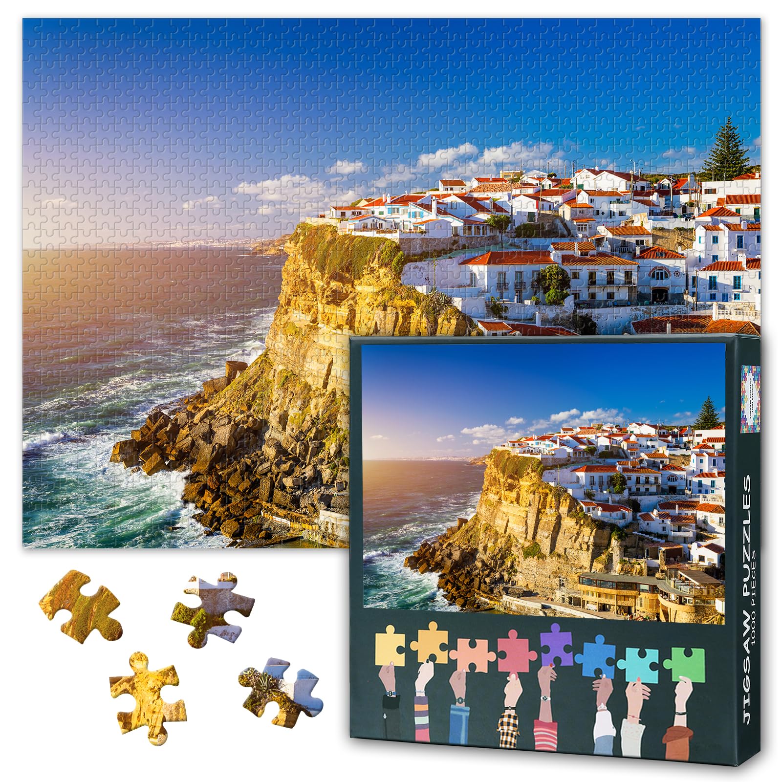 Sintra, Portugal Puzzles for Adults 1000 Pieces, Azenhas do Mar Jigsaw Puzzles, Azenhas do Mar white Village Adult Puzzle for Adults, Educational Fun Games or Toys for Elders Friends 20X27 INCH