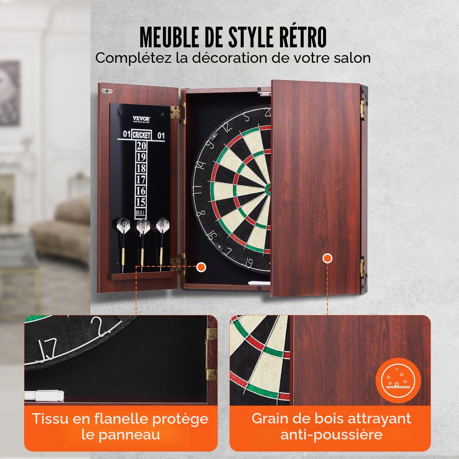 VEVOR Cible de Fléchettes et Armoire Prêt à Jouer, Armoire à Fléchettes de Taille Officielle, Jeu de Fléchettes à Pointe en Acier, Assemblage Facile, Accessoires Complets, pour Jeux de Cricket