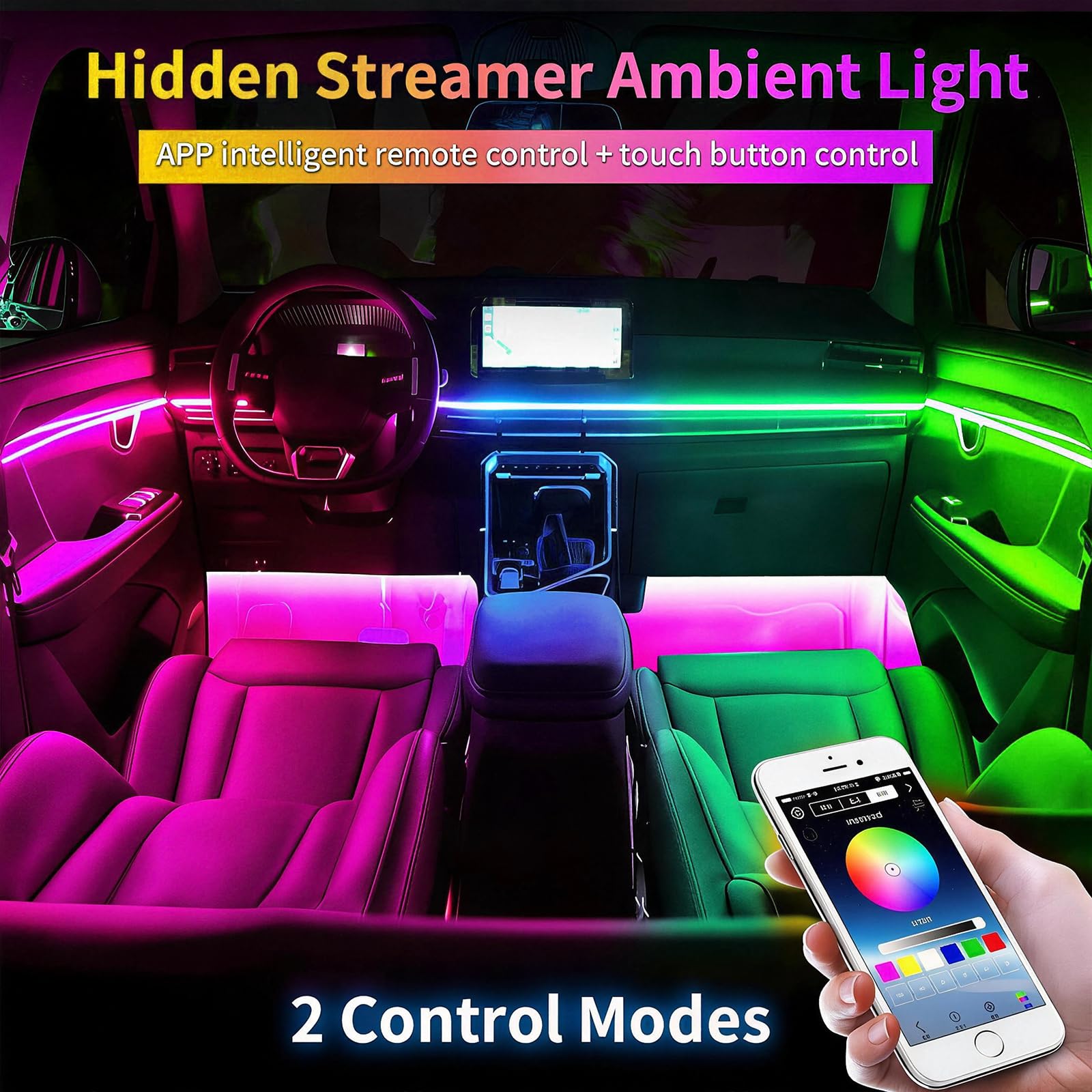 Acrílico 6 en 1 Auto Ambientebeleuchtung RGB LED Auto Innenbeleuchtung Strip Lights 445cm 584 LEDs con 16 millones de colores, 210 Dynamische, USB-Port A uto LED Innenbeleuchtung