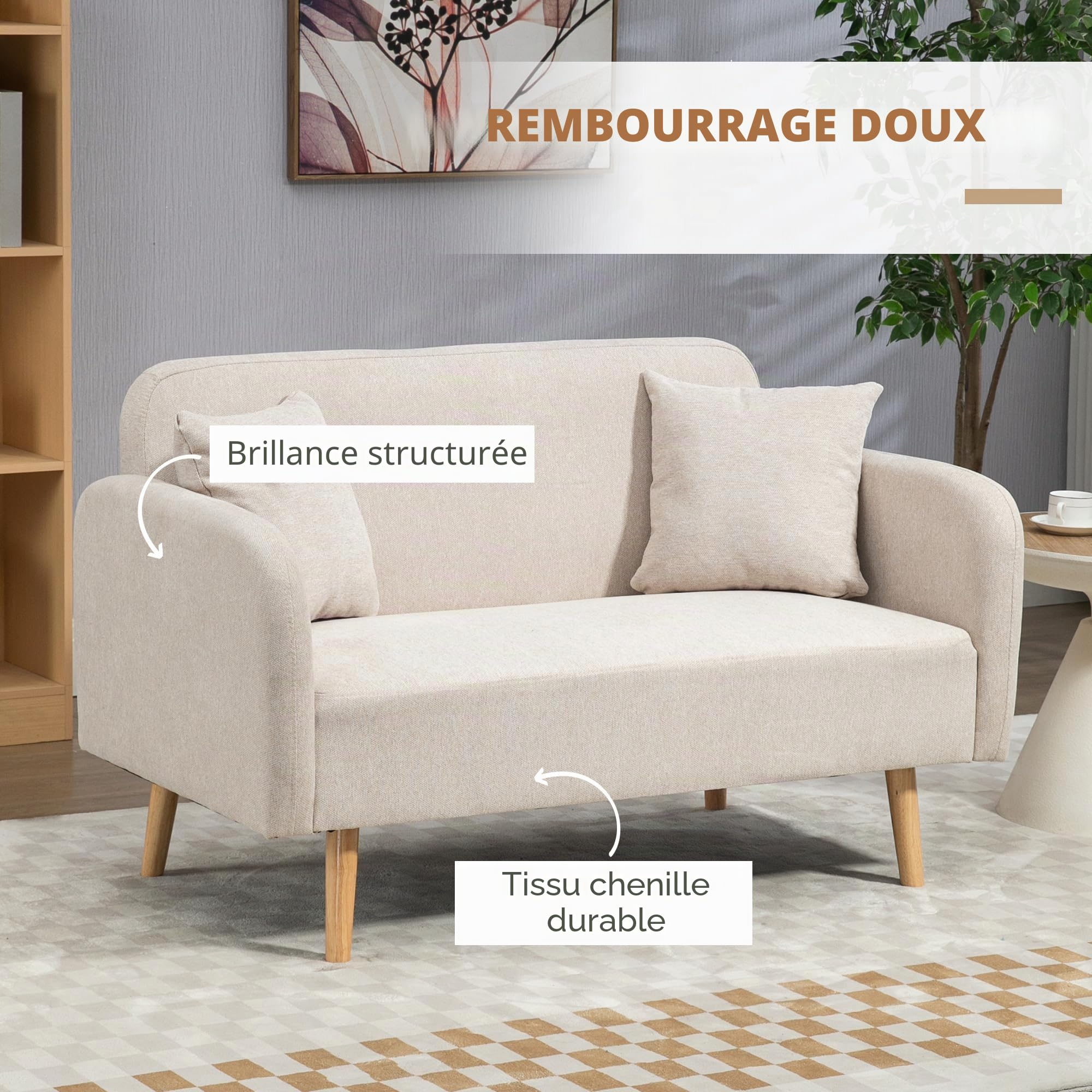 HOMCOM Canapé 2 places, 2 places, 2 coussins rembourrés, canapé double rembourré avec accoudoirs en velours pour salon, chambre à coucher, 130 x 70 x 80 cm, crème