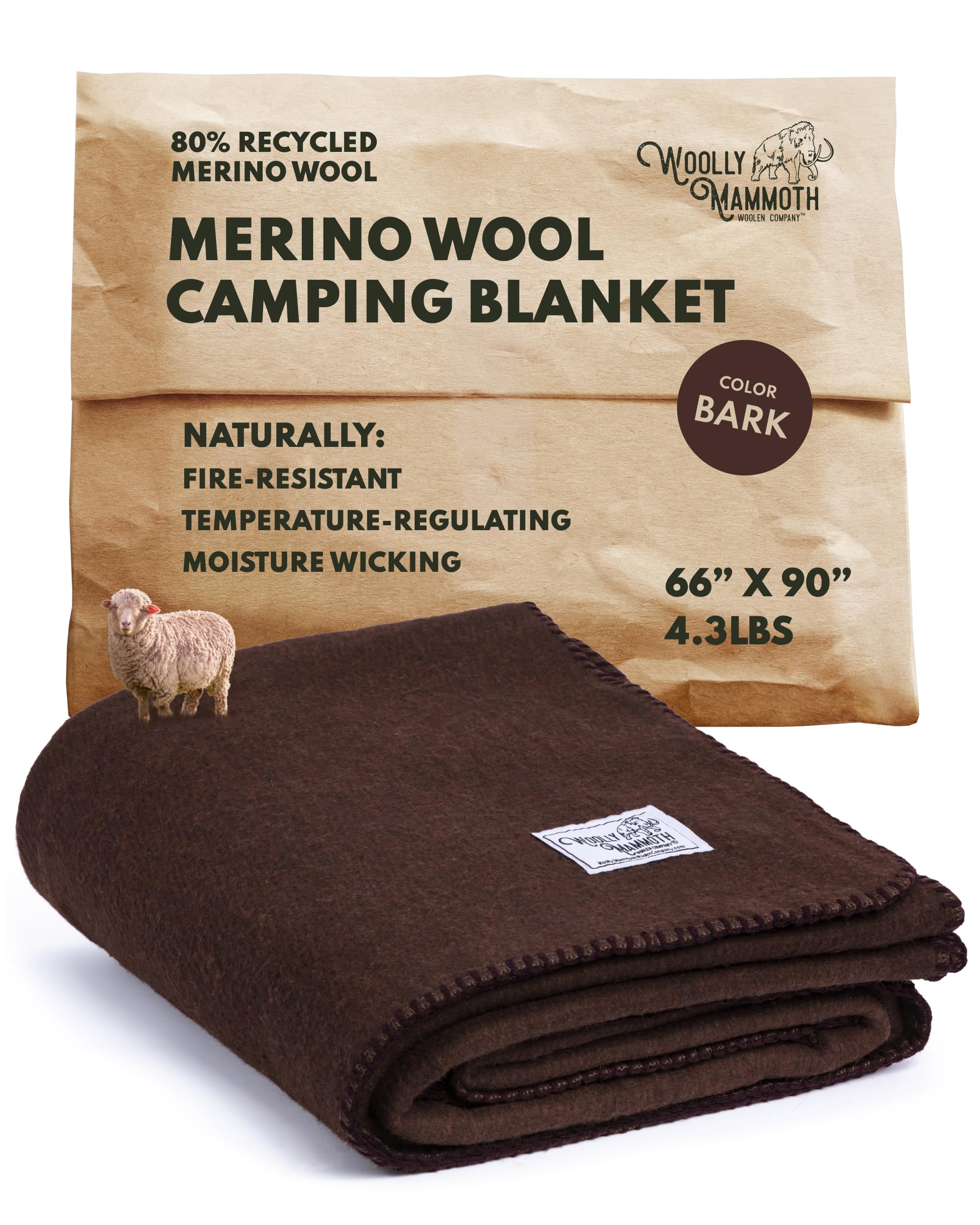 Woolly Mammoth Woolen Company Merino Wool Blanket - 66 x 90 in, Brown - Modern Twill Outdoor Throw Blanket - Self-Cleaning Washable Wool Comforter - Durable Double-Stitched Design for Cowboy Bedroll
