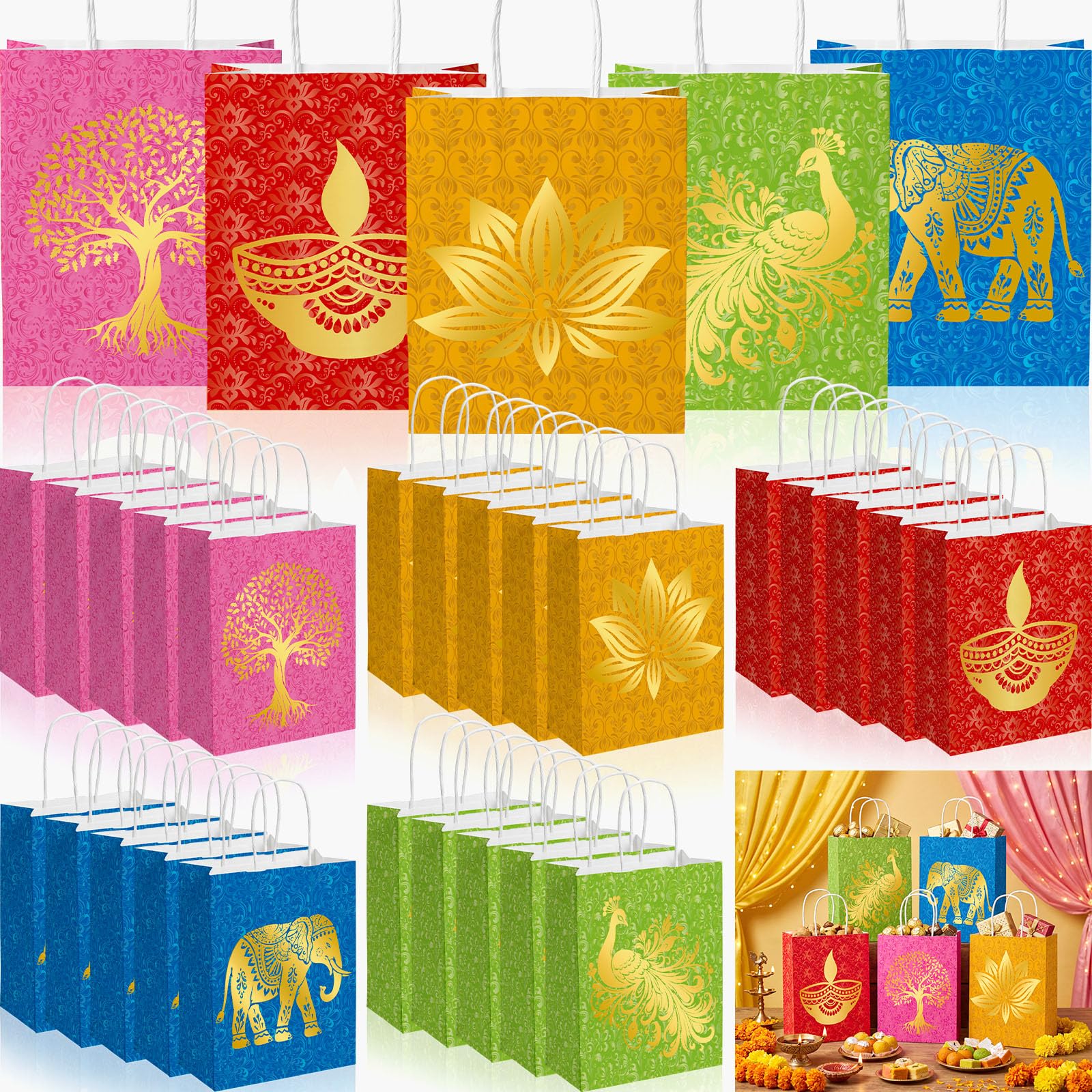 Tinlade 25 Pcs Indian Return Gift Bags Diwali Pooja Gift Bags with Gold Foil Elephant Peacock Lotus Diya Patterns Paper Treat Bag for Indian Diwali Party Favors Deepavali Wedding