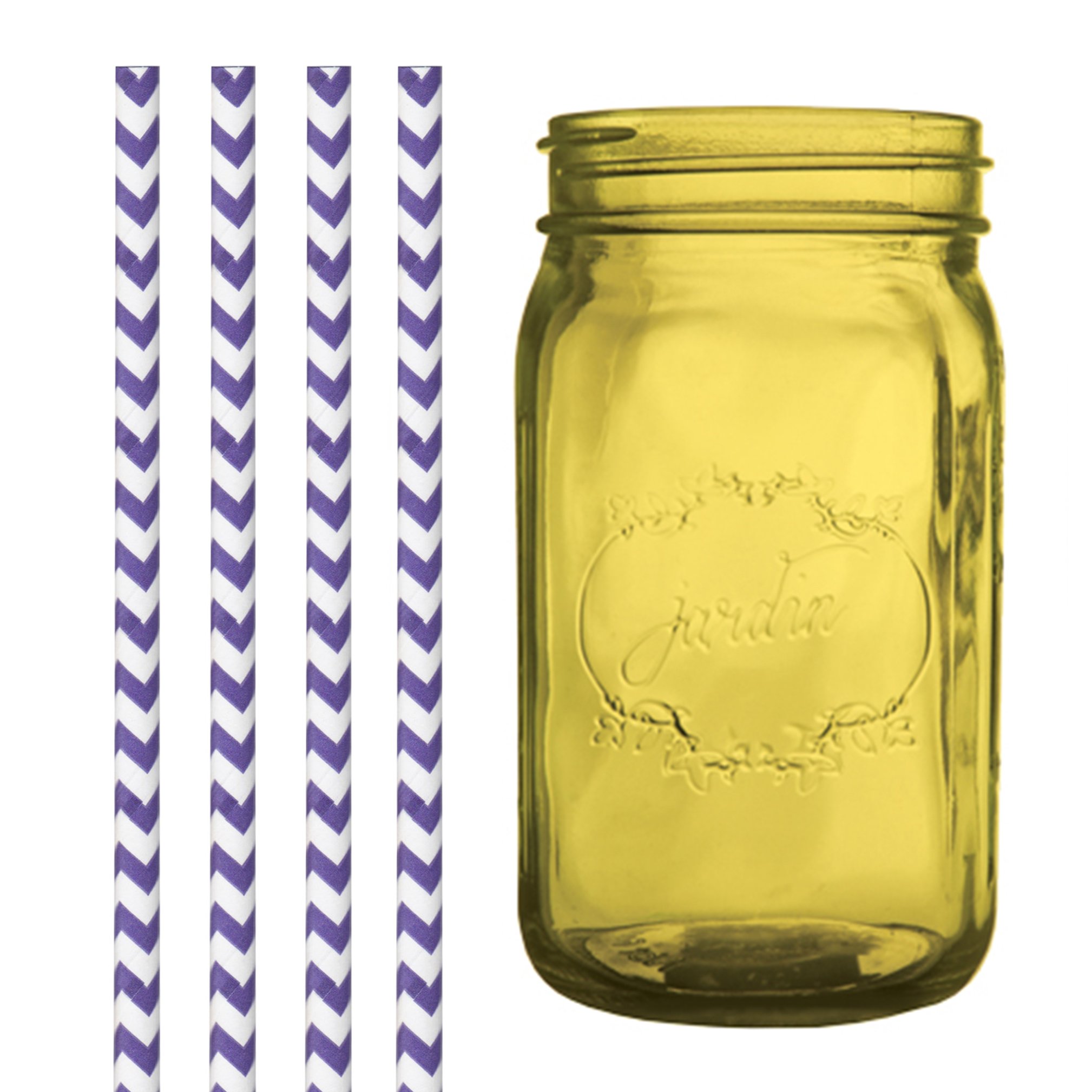 Amazon.com: Dress My Cupcake Amber Yellow Vintage Jardin Mason Jar with Purple  Chevron Straws, 32-Ounce : Everything Else