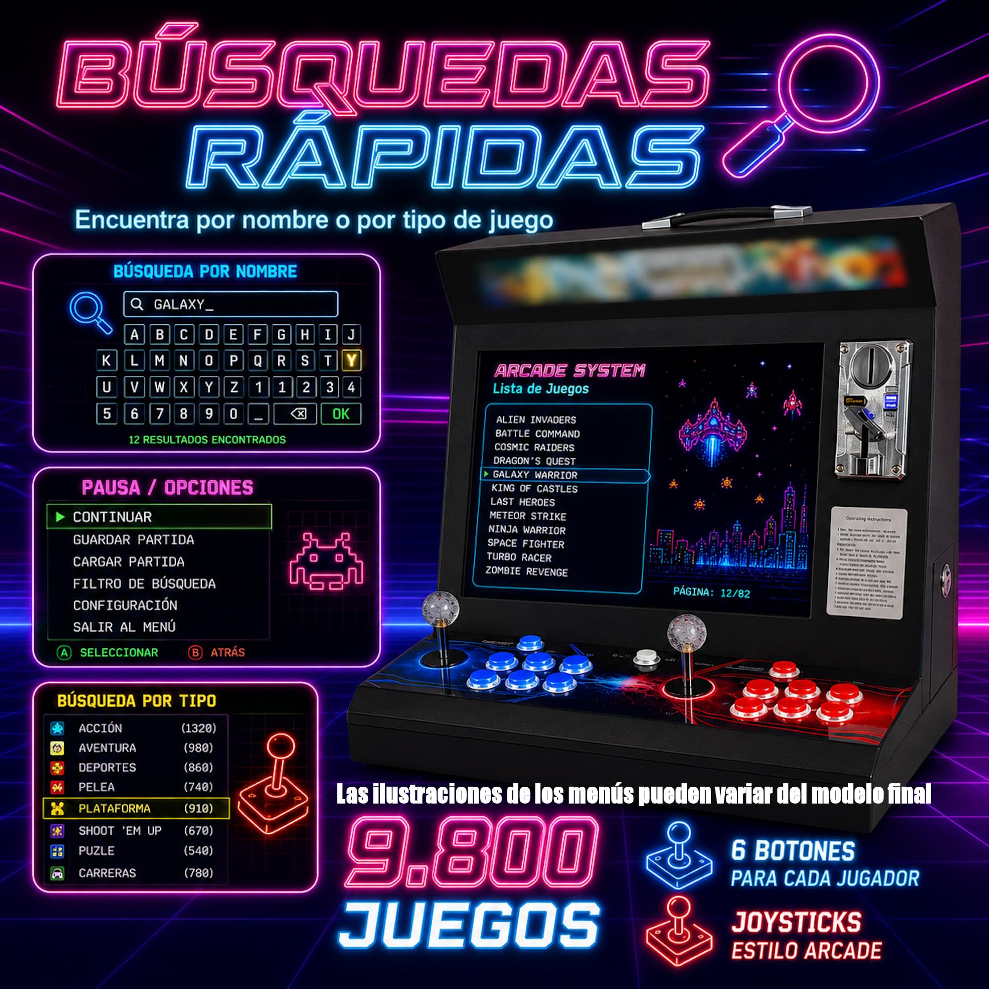 Máquina Arcade Tipo Bar Top 17” 4:3 | 9.800 Títulos Retro y 3D | 2 Jugadores con 6 Botones y Joysticks Arcade | Altavoces y Monedero Integrados | Compatible con hasta 4 Jugadores