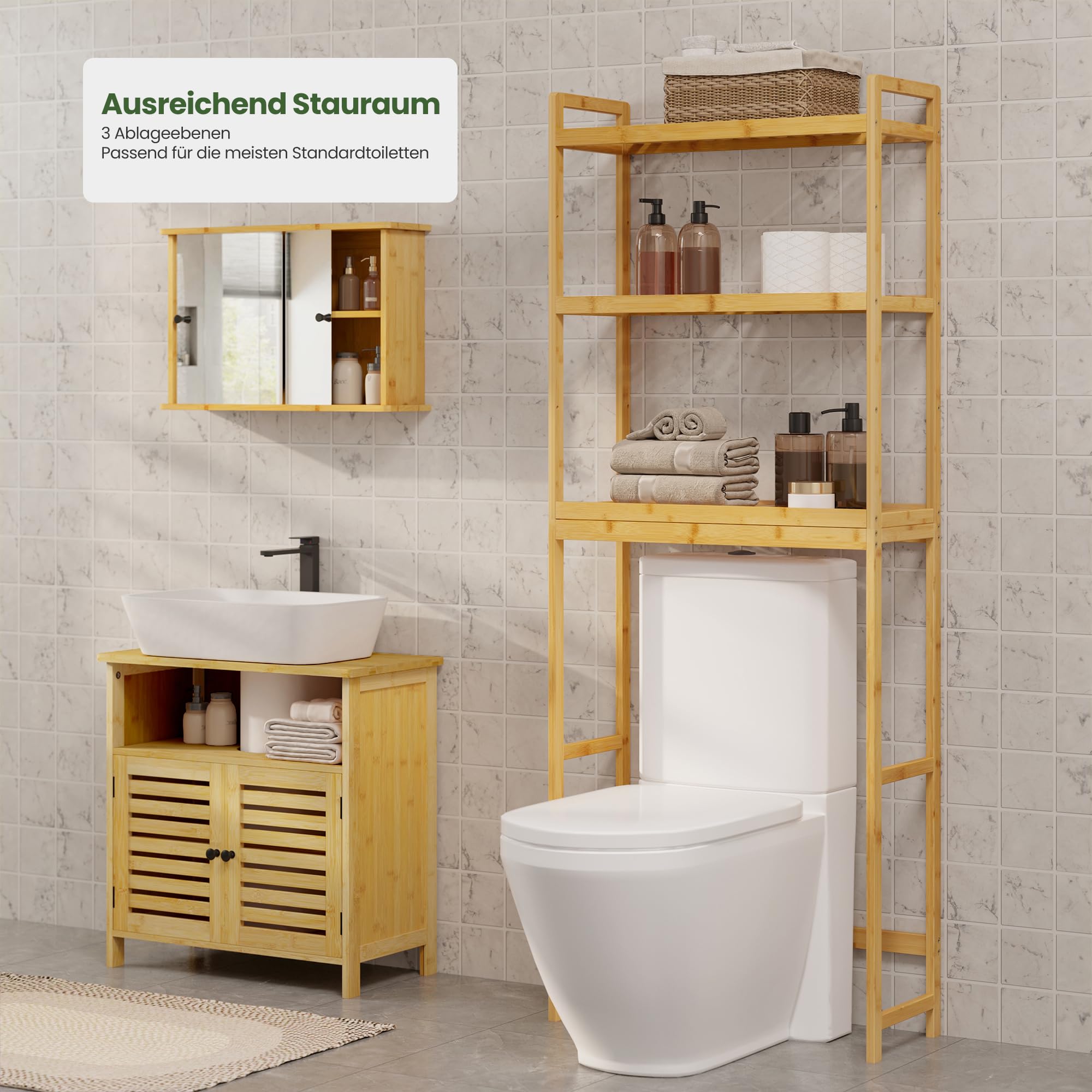 EUGAD Badregal Waschmaschinenregal Toilettenregal aus Bambus, schmales Badschrank Badmöbel mit 3 Ablagen, verstellbaren Regalen, für Badezimmer, Küche, Balkon, Naturfarben