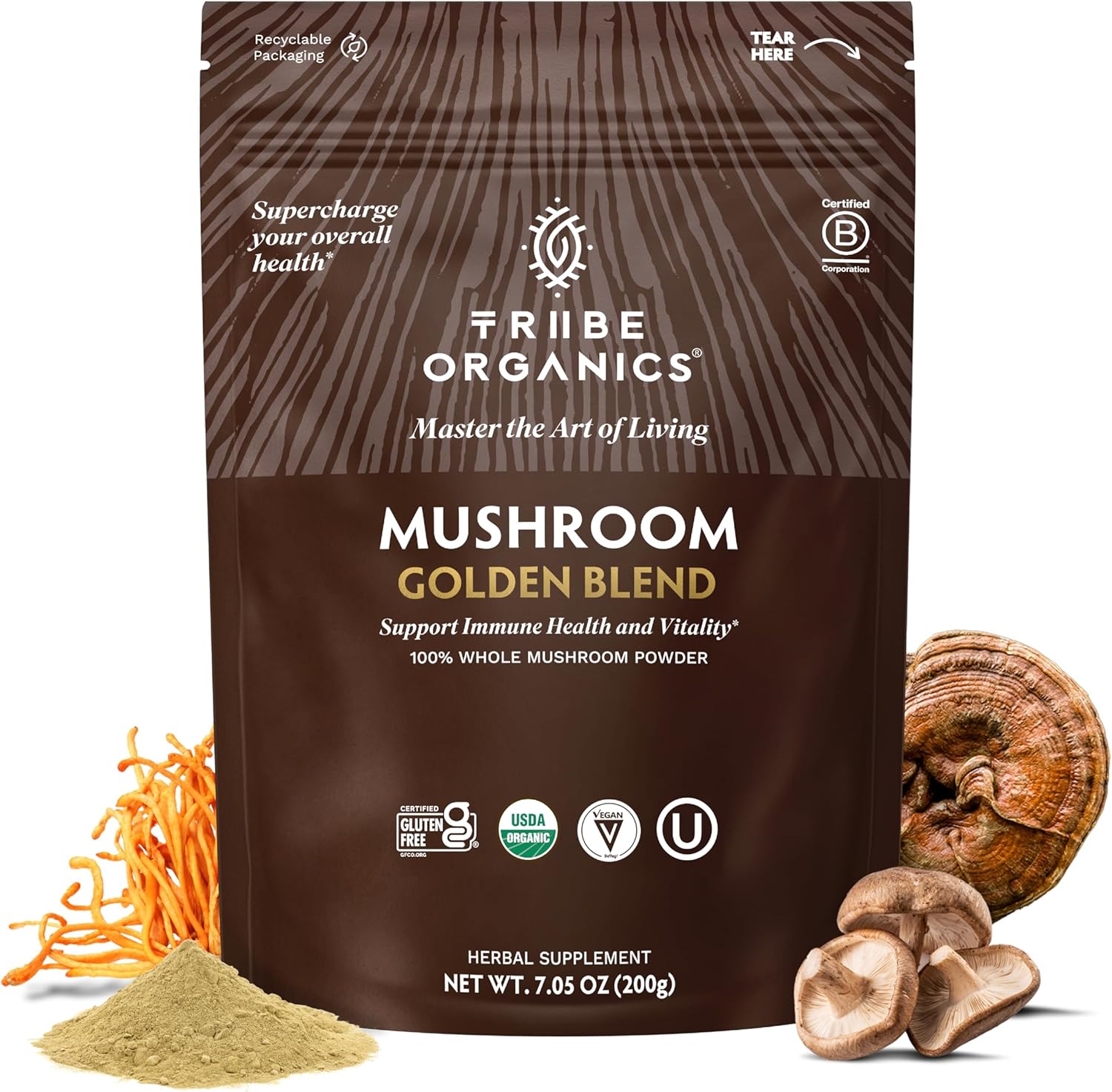 TRIBE ORGANICS Mushroom Golden Blend Powder - Organic Mushroom Powder Complex - 10-in-1 Mushrooms for Immunity Support & Health - 200g Pouch - 100 Servings