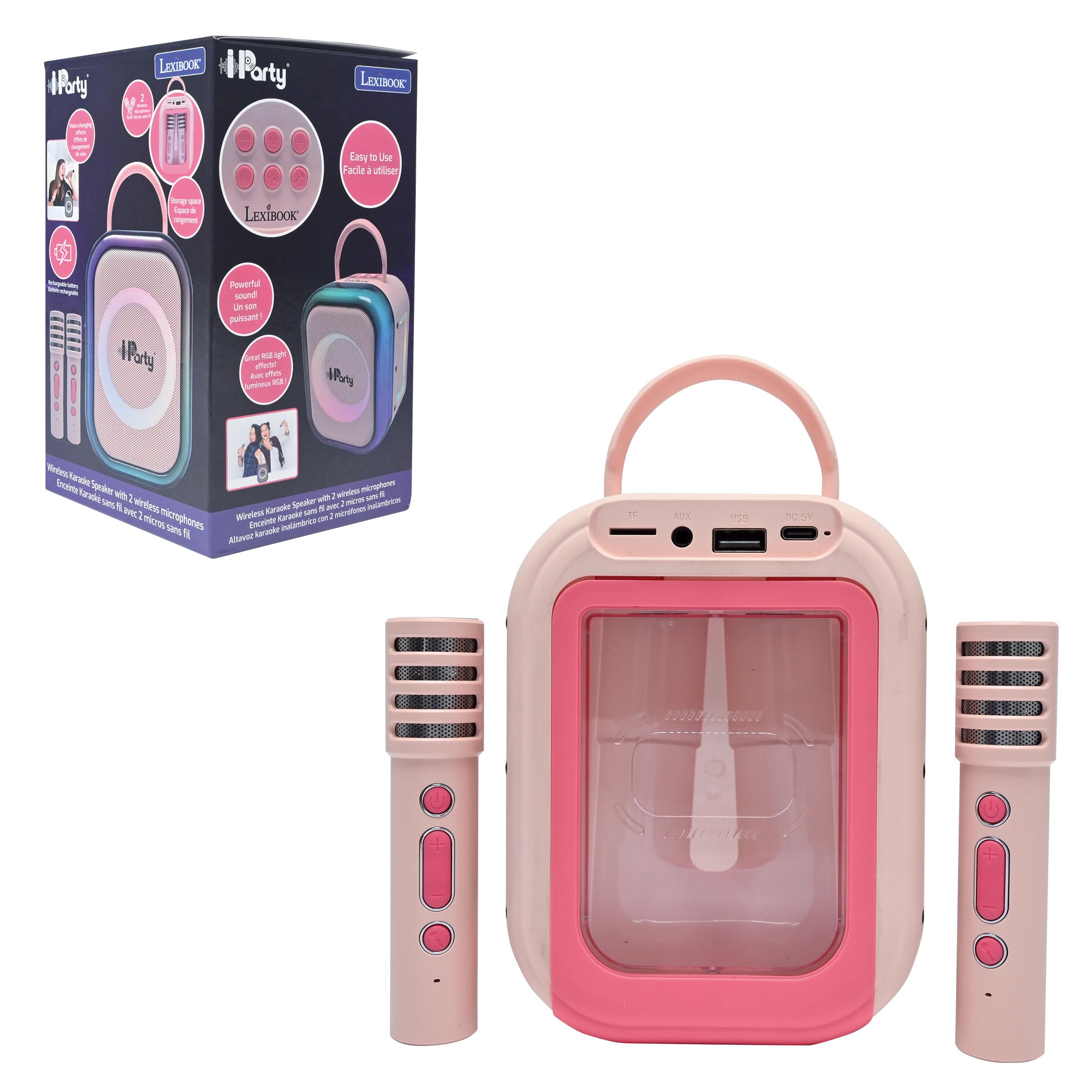 Lexibook, Altavoz Karaoke Inalámbrico, BTC030PK | 2 micrófonos inalámbricos, batería recargable, diseño portátil, rosa