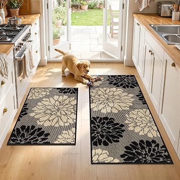 Findosom Kitchen Rugs Sets of 2, 24" x 36" + 24" x 60" Non Slip High-Low Textured Floral Washable Kitchen Runner with Rubber Backing, Kitchen Mats for Floor, Entryway, Hallway, Sink, Black & Beige