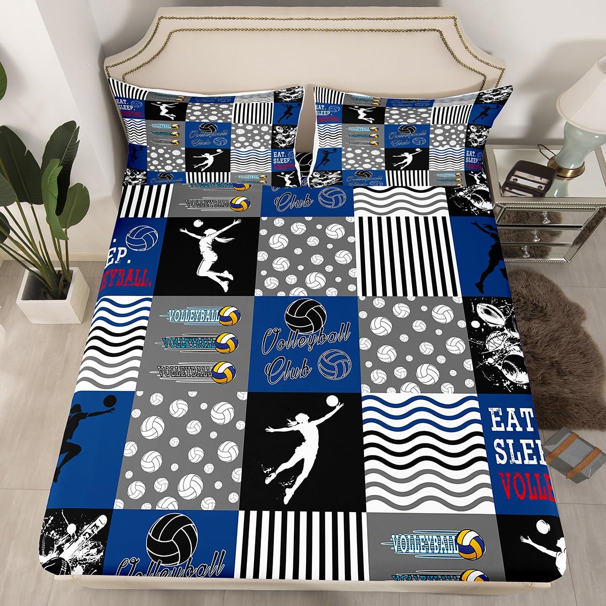 jejeloiu Volleyball Bed Sheets Set for Kids Boys Girls Twin Size Sports Game Fitted Sheet Volleyball Player Bedding Collection Ball Sports Theme Bedding Set Ball Games
