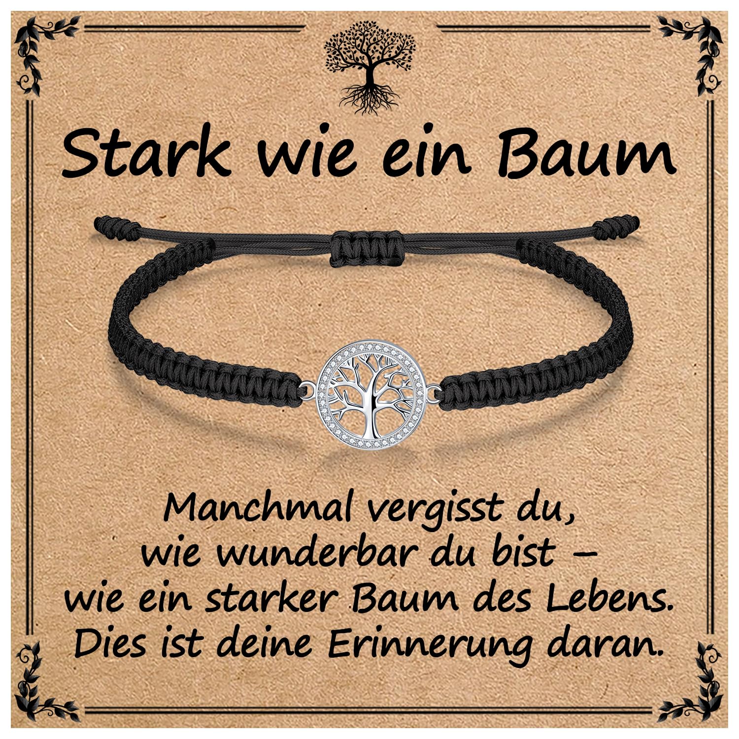 J.Endéar Lebensbaum Armband für Frauen Mädchen Geschenk mit Segenskarte | 925 Sterling Silber, Cubic Zirkonia & Geflochtene Kordel | Geschenk für Geburtstags, Weihnachtstag, Motivations