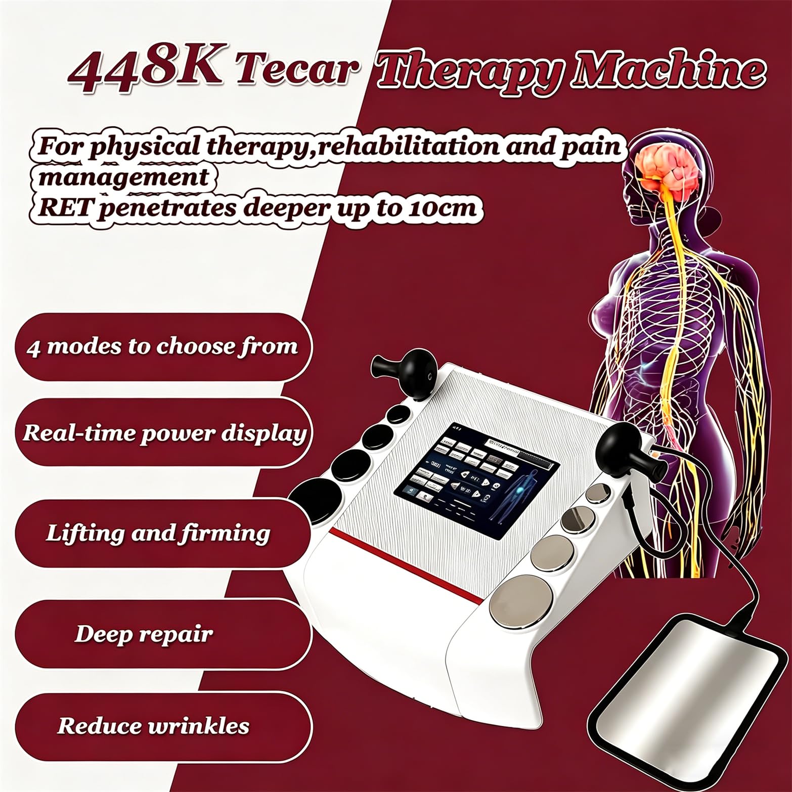 Apparecchio per Fisioterapia Tecar 300w 448khz - Apparecchio per Diatermia Tecar Therapy - 4 modalità, 10 Parti del Corpo - per Riabilitazione Sportiva E Sollievo dal Dolore