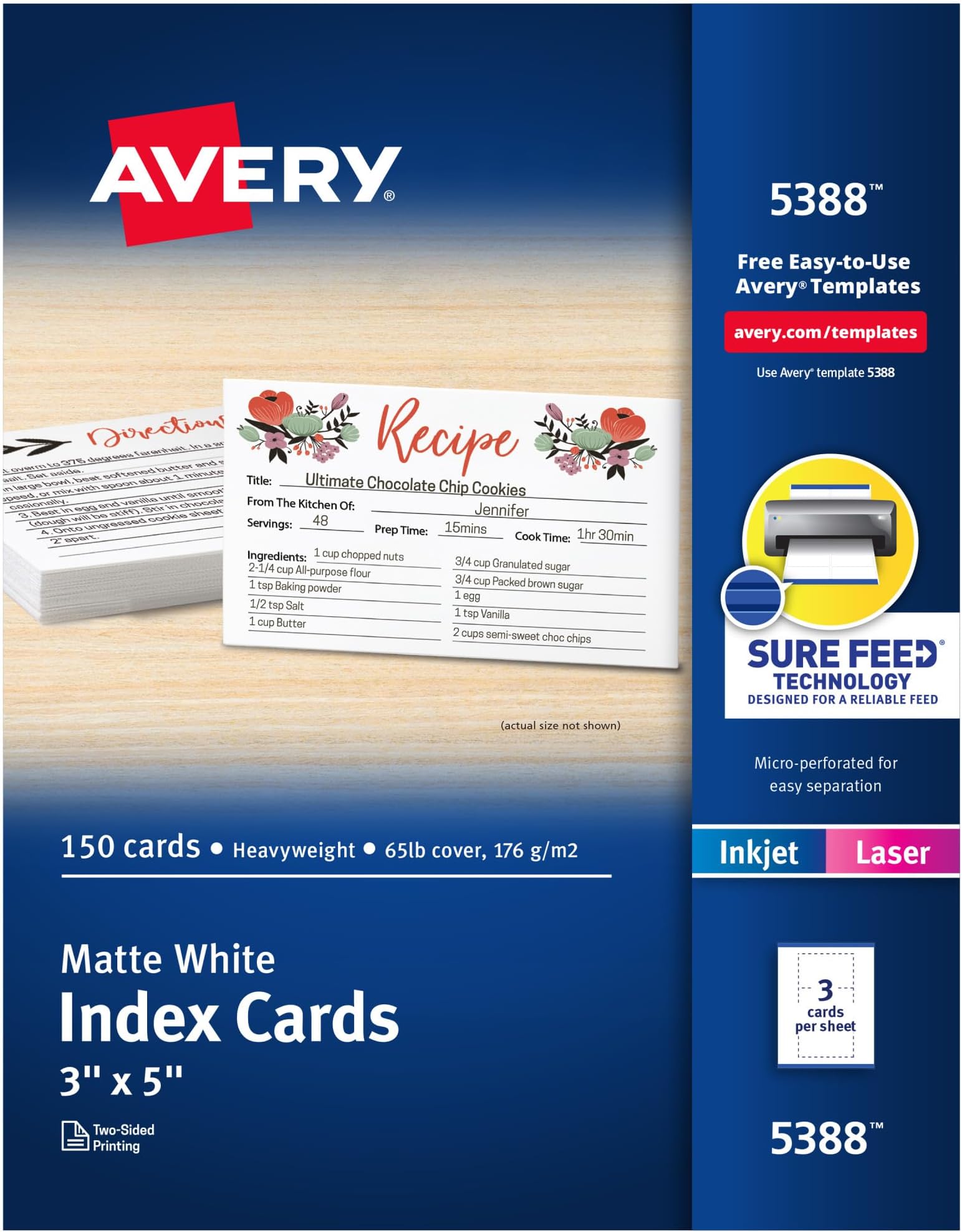Printable Index Cards, Sure Feed Technology, 3" x 5", Matte White, Laser & Inkjet Compatible, 150 Blank Cards Total, Great for Product Branding, Marketing, and More (5388)