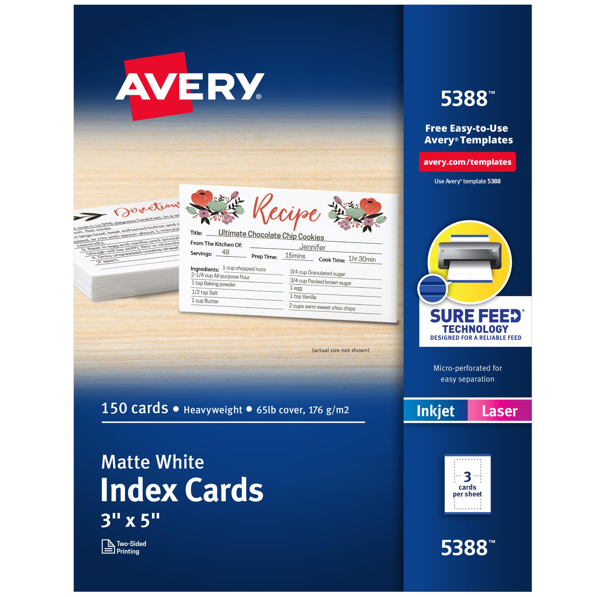 Avery Printable Index Cards, Sure Feed Technology, 3" x 5", Matte White, Laser & Inkjet Compatible, 150 Blank Cards Total, Great for Product Branding, Marketing, and More (5388)