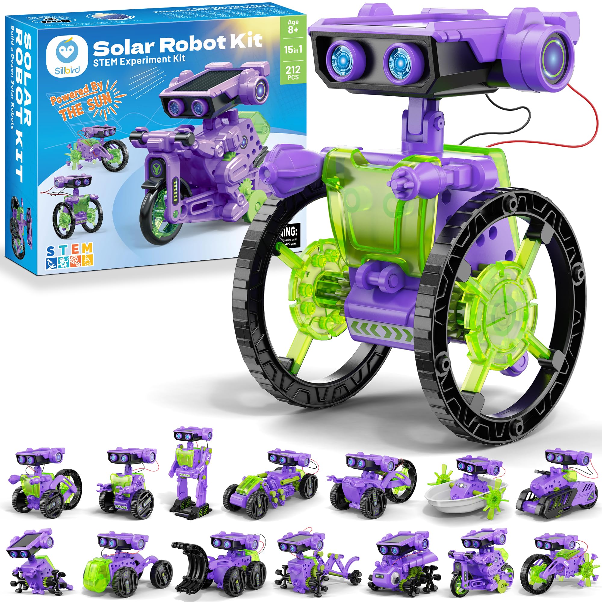 Sillbird 15-in-1 Solar Robot Kit DIY Science Kits Educational Robotic Set, STEM Gift for Kids Age 8-12, Solar or Battery Powered Toy for Kids Birthday with 212 Pieces