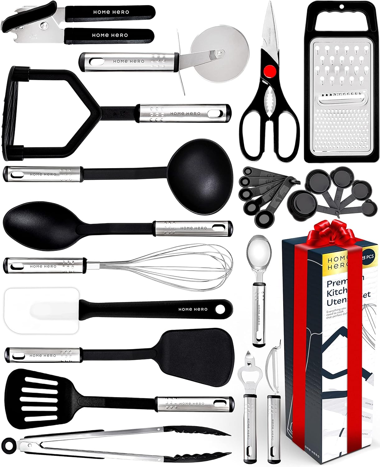 Home Hero 25pc Kitchen Utensil Set - Nylon & Stainless Steel Cooking Utensils - Non-Stick Kitchen Utensils with Spatula - Kitchen Gadgets Cookware Set - Kitchen Tool Set (25 Piece, Black) : Home & Kitchen